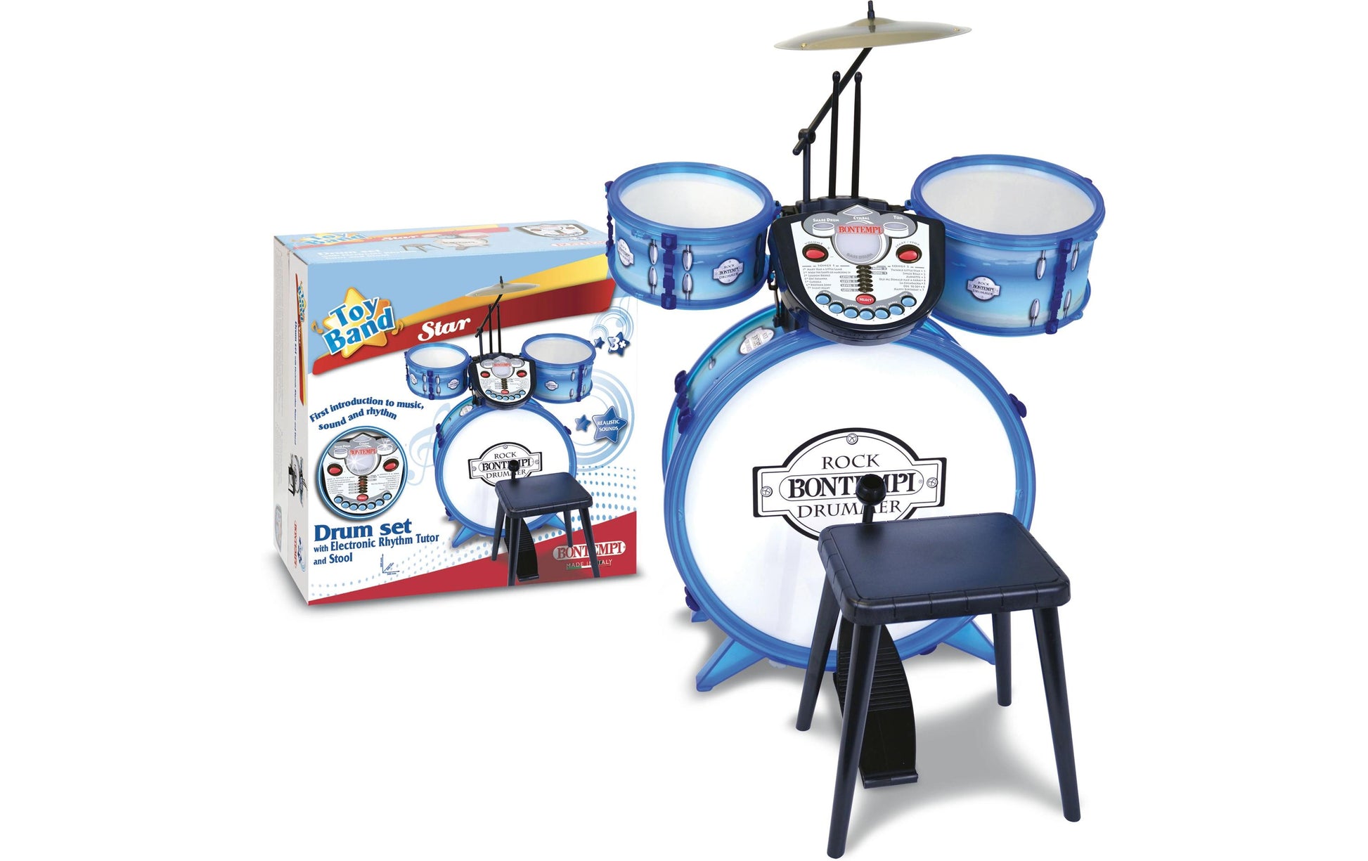 Bontempi Schlagzeug-Set – 50 × 68 × 50 cm – 4 Modi, 14 Lieder, 3 × AA – ab 3 J. – Kunststoff, blau