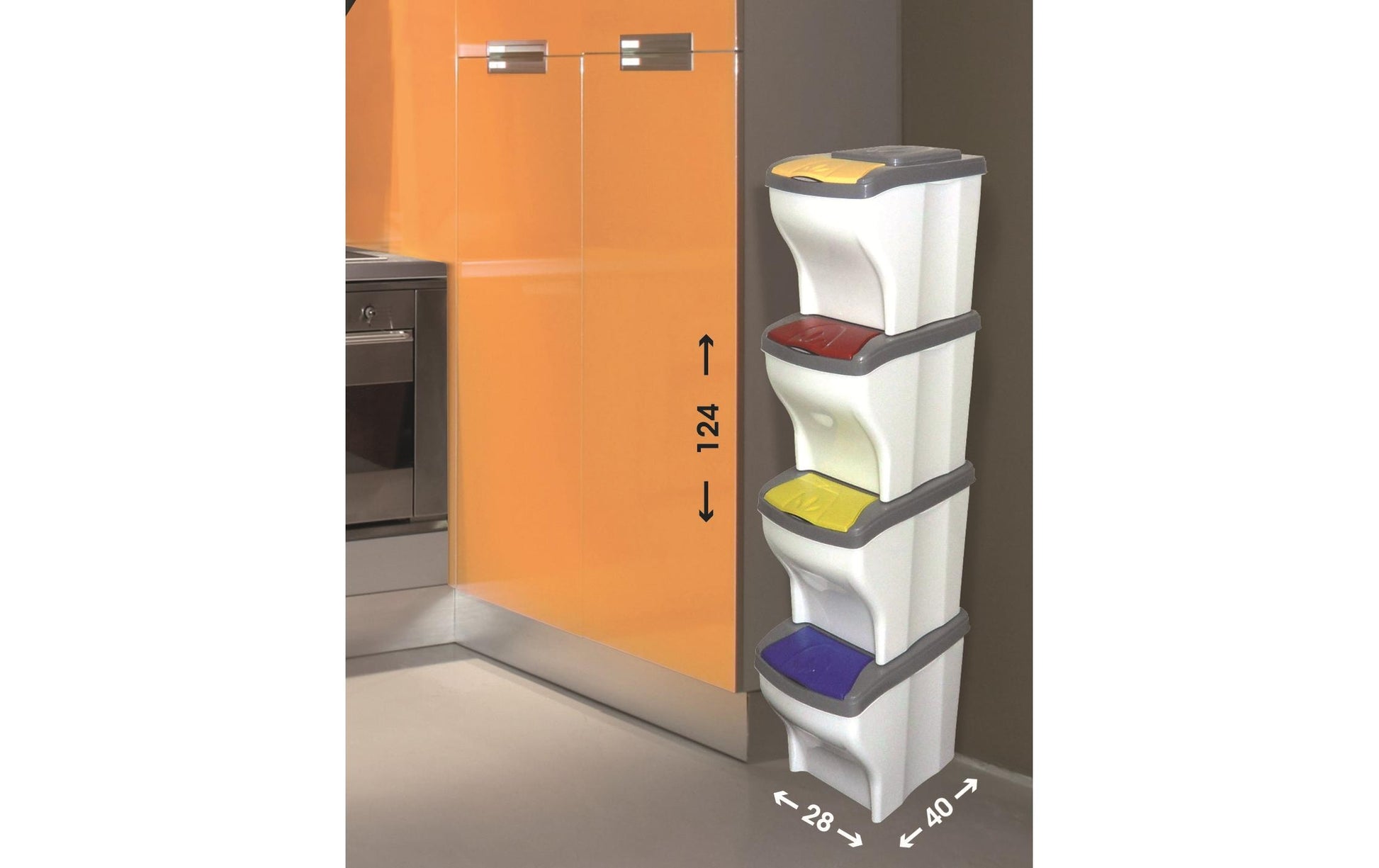 Edi Baur – Systempapierkorb – 20 + 20 + 20 + 20 l, Kunststoff, mehrfarbig – B × H × T 280 × 400 × 300 mm
