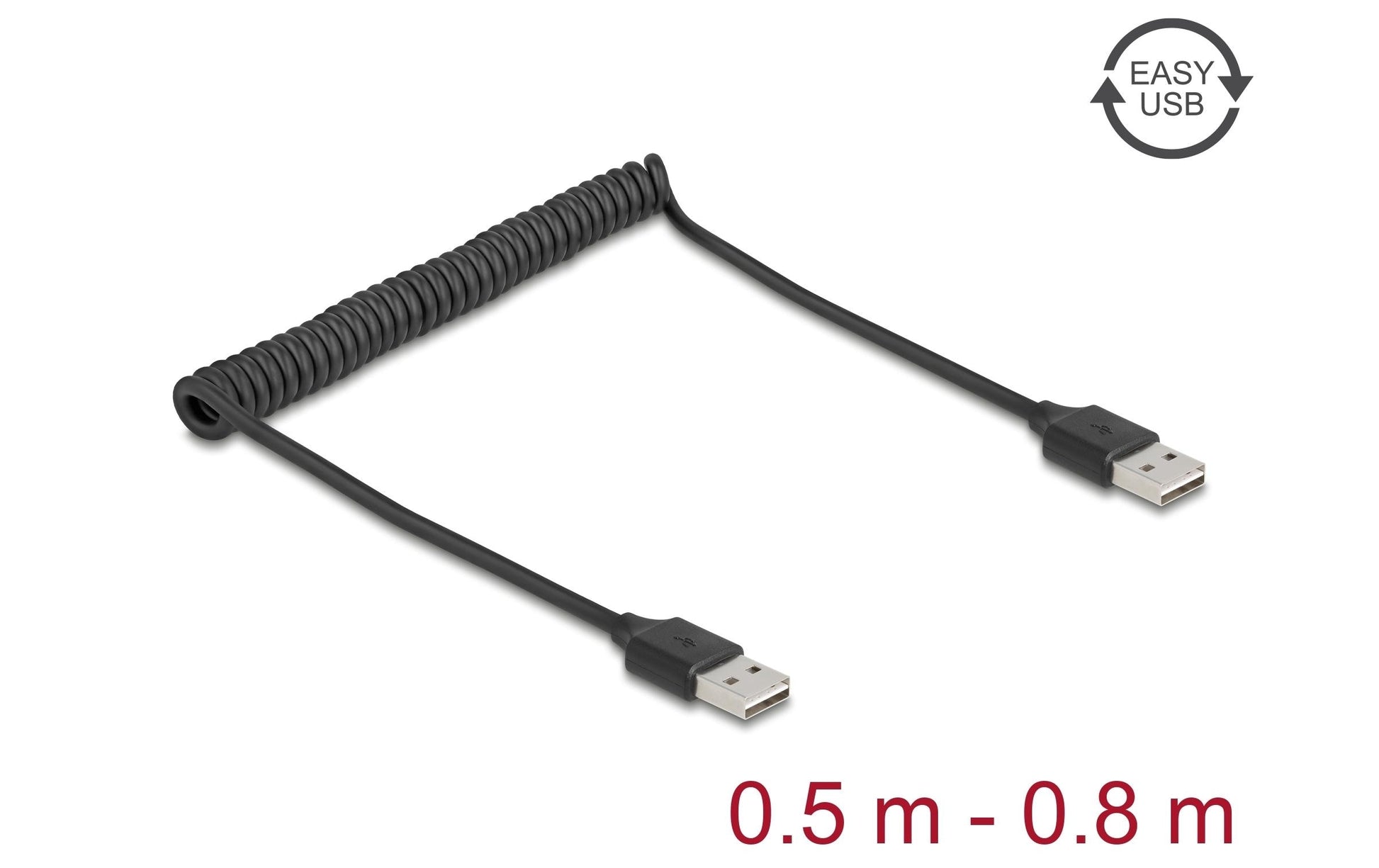 DeLOCK USB-Kabel – USB-A auf USB-A – USB 2.0 (480 Mbit/s) – 0,8 m – Spiralkabel – Schwarz