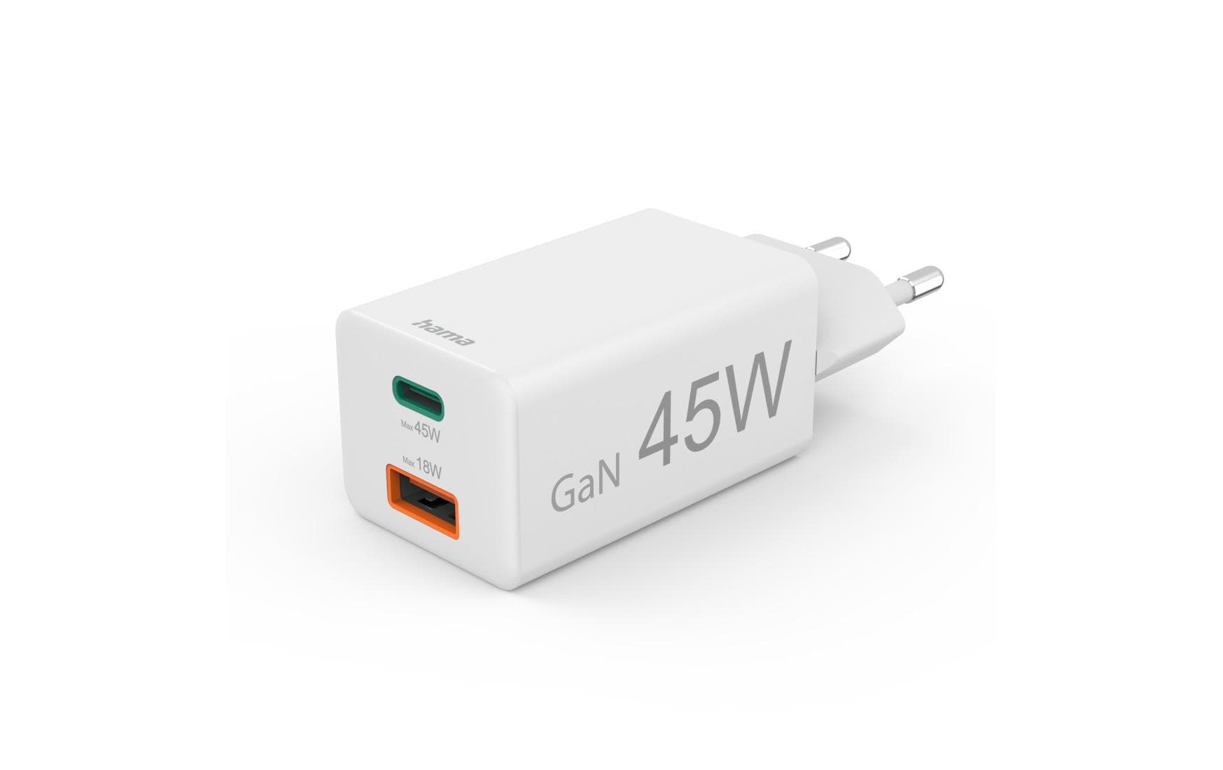 Hama 00201993 USB-Ladegerät 45 W – USB-C×1, USB-A×1 – PD, QC 3.0 – GaN, EU-Stecker (Typ C), Weiss