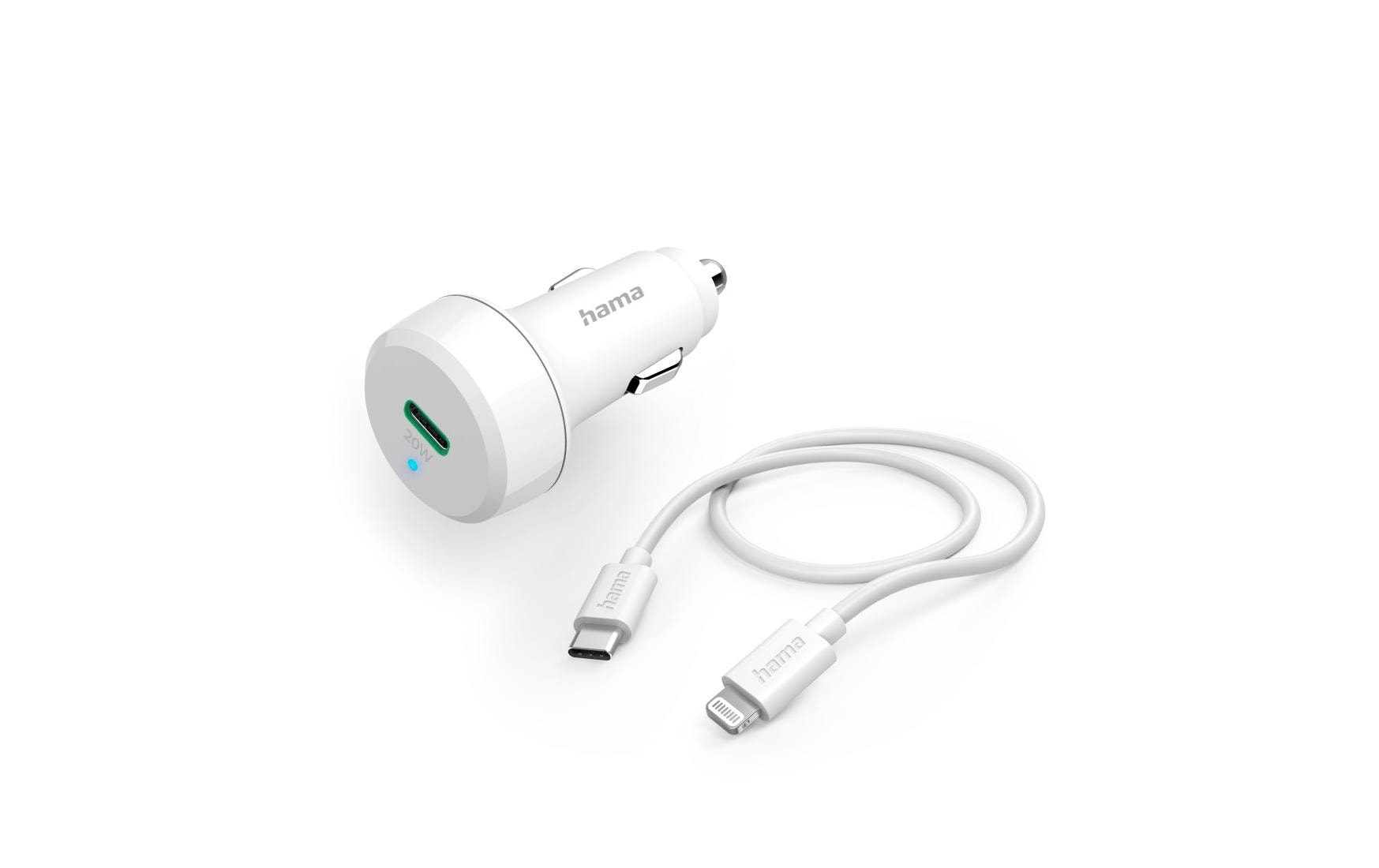 Hama Auto-Ladegerät Lightning – 20 W, 1× USB-C, PD, mit Kabel – für Smartphones, Tablets