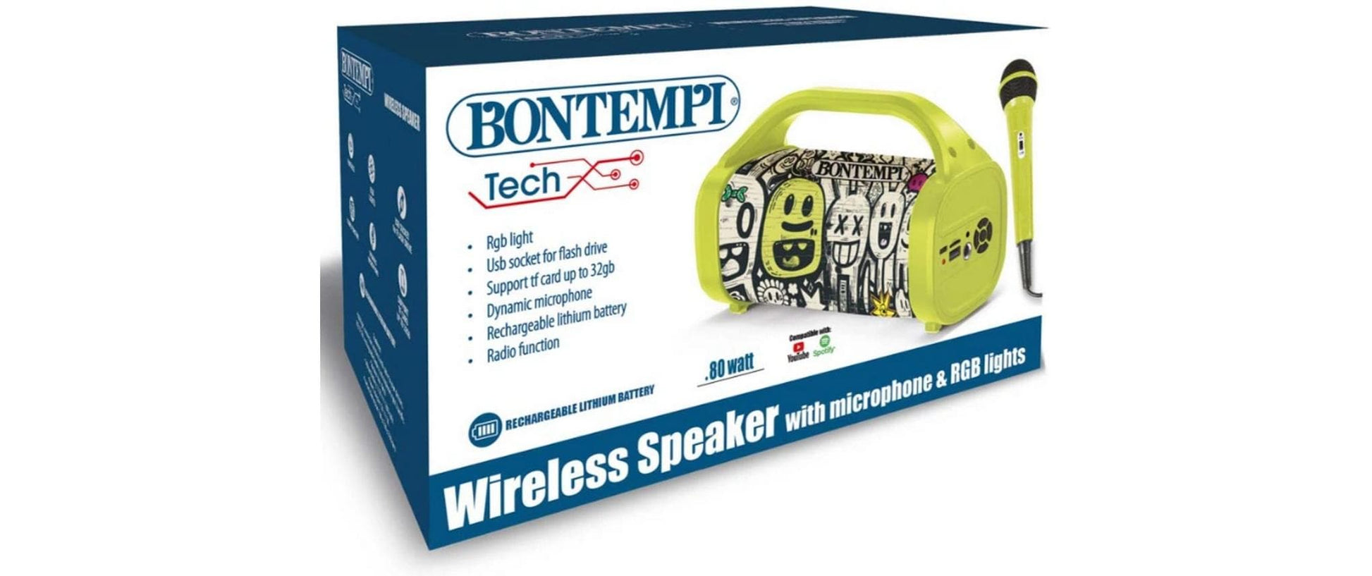 Bontempi Spielzeug-Karaoke-Set – 80 W, Akku (Lithium), USB, Lichteffekte, inkl. Mikrofon – 2 Stück – ab 5 J.