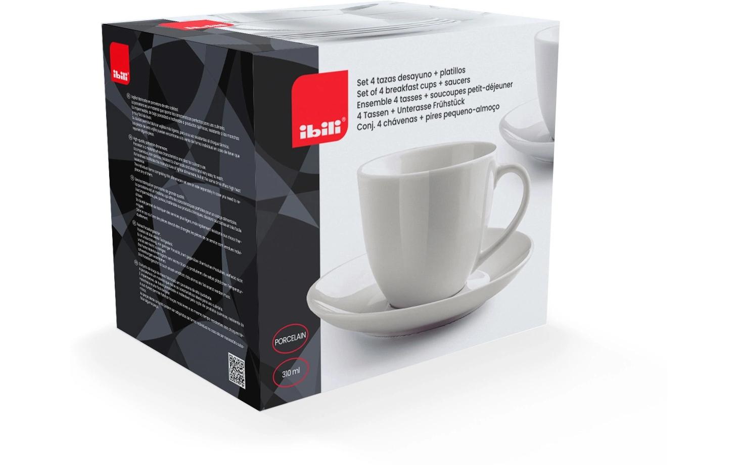 Ibili Kaffeetasse – Set 8-teilig, 310 ml, Porzellan, Weiss, spülmaschinenfest, mikrowellengeeignet