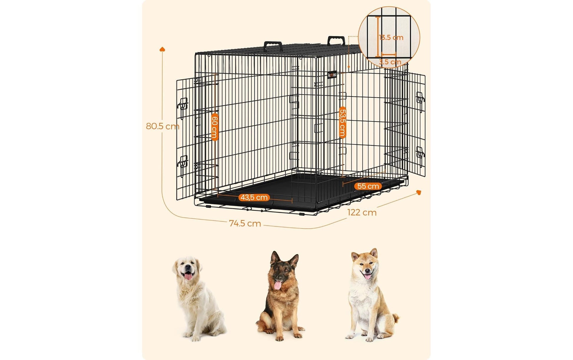 Feandrea Transportbox für Hunde – verschliessbar, Front- & Seitenbeladung, bis 50 kg – 1220×805×745 mm – sch