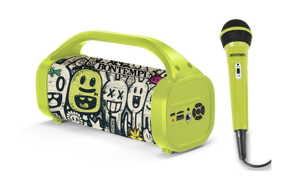 Bontempi Spielzeug-Karaoke-Set – 80 W, Akku (Lithium), USB, Lichteffekte, inkl. Mikrofon – 2 Stück – ab 5 J.