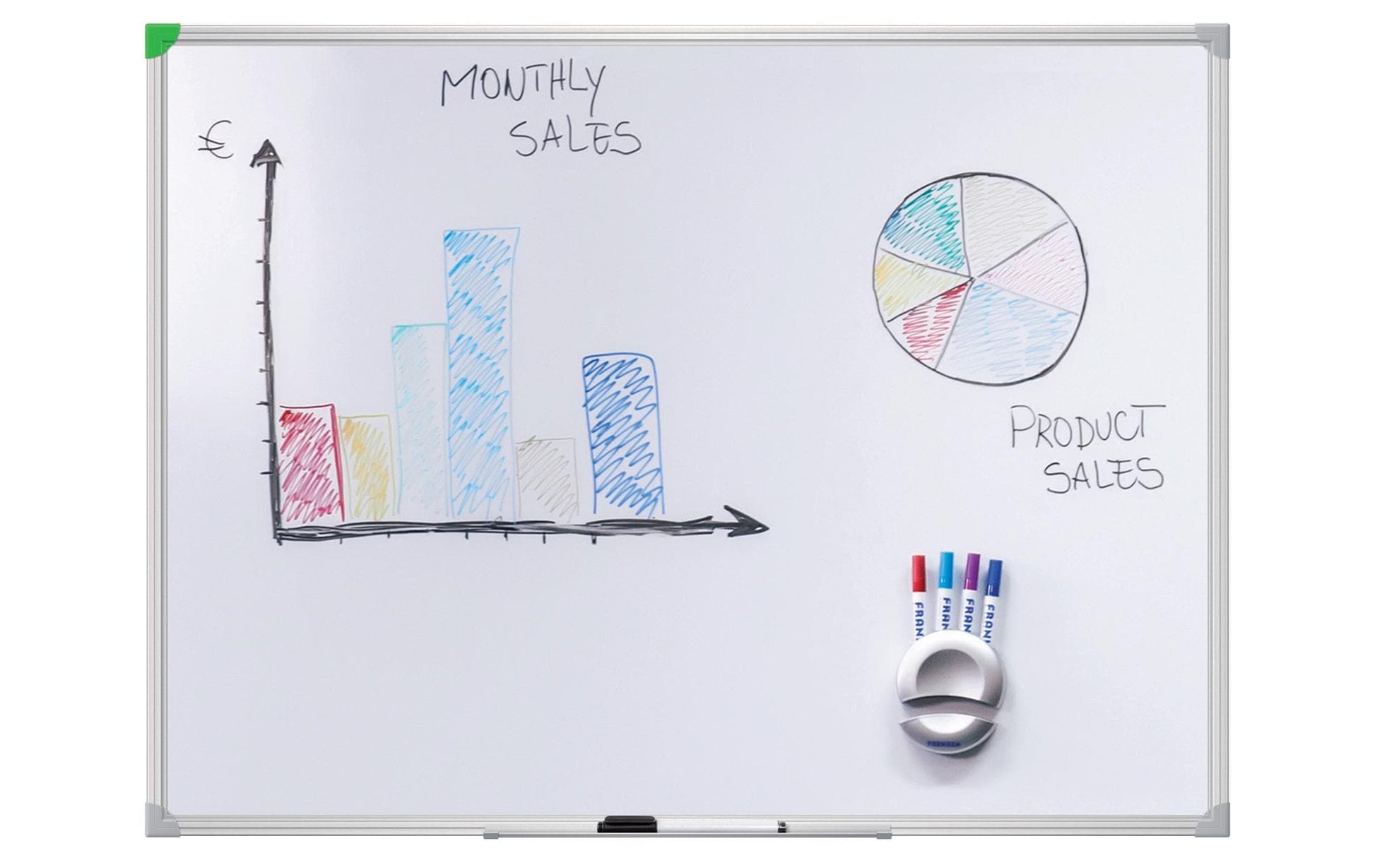 Franken Whiteboard – 80 × 60 cm, lackierter Stahl, magnetisch, Aluminiumrahmen, Wandmontage, inkl. Stiftablage