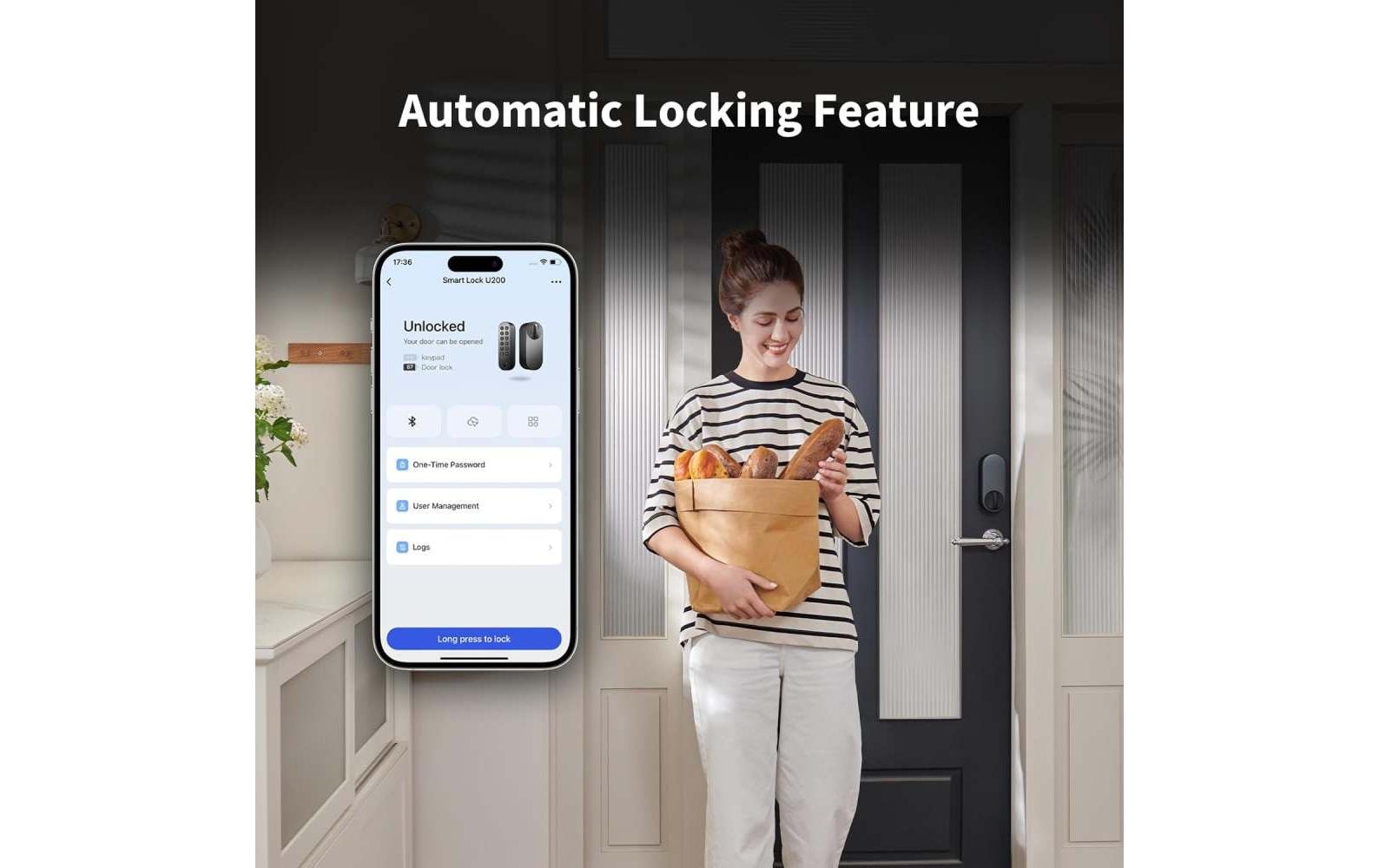 Aqara U200 Smart-Türschloss – BT, Code, Schlüssel, RF-Karte, Fernbedienung, Akku, IPX5, Türe, Silber