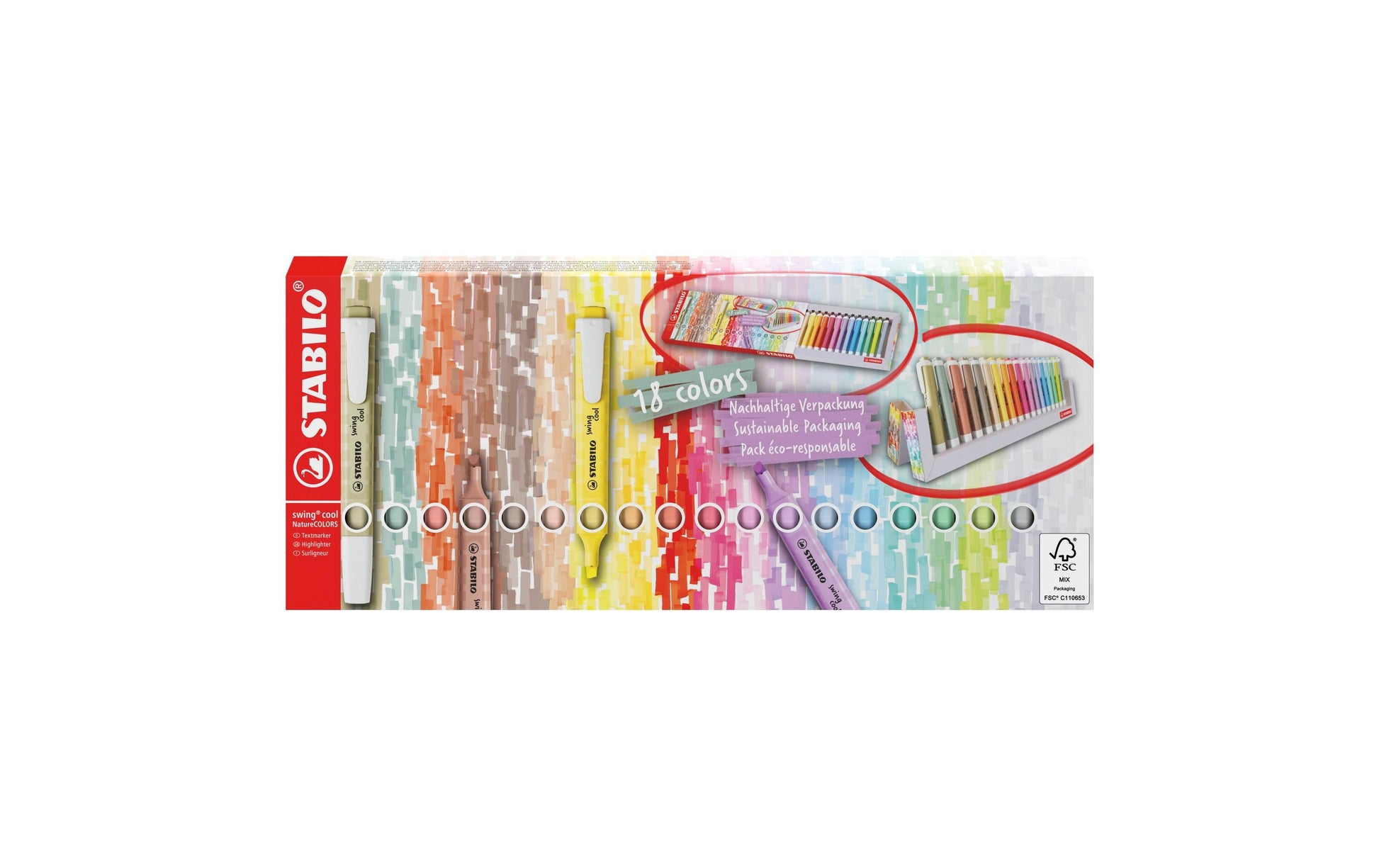 STABILO swing cool Textmarker Desktop Set 18 Farben – Keilspitze, 1–4 mm