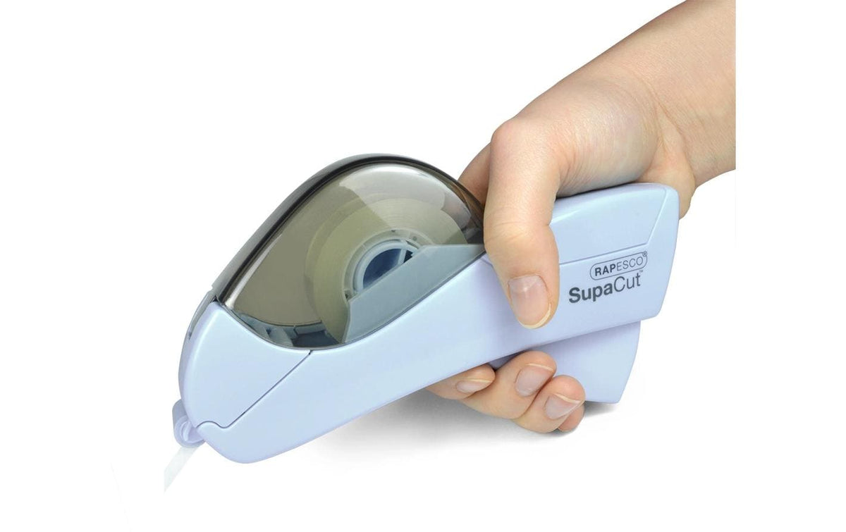 Rapesco Handabroller SupaCut – für Klebeband bis 19 mm × 20 m, inkl. 2 Rollen 19 mm × 20 m und 12 mm × 20 m
