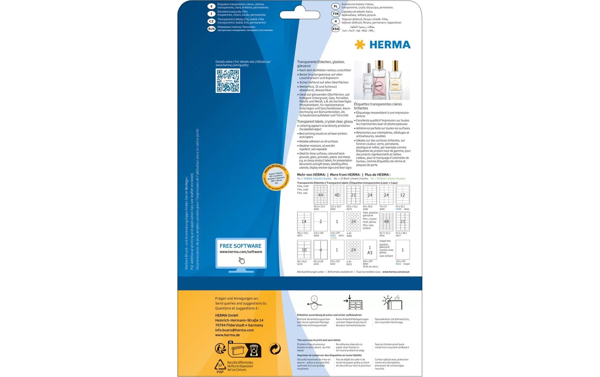 HERMA Druckeretiketten, 99 mm × 139 mm, transparent, Folie, permanent, 25 Blätter (100 Etiketten)