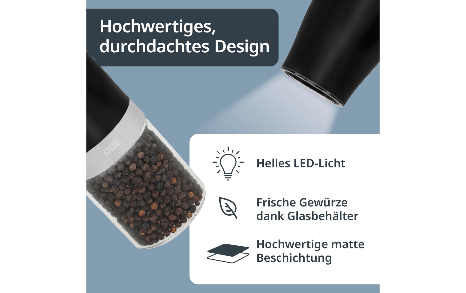 ADE Salz-/Pfeffermühle 18,3 cm, Glas/ABS, Keramikmahlwerk, Schwarz