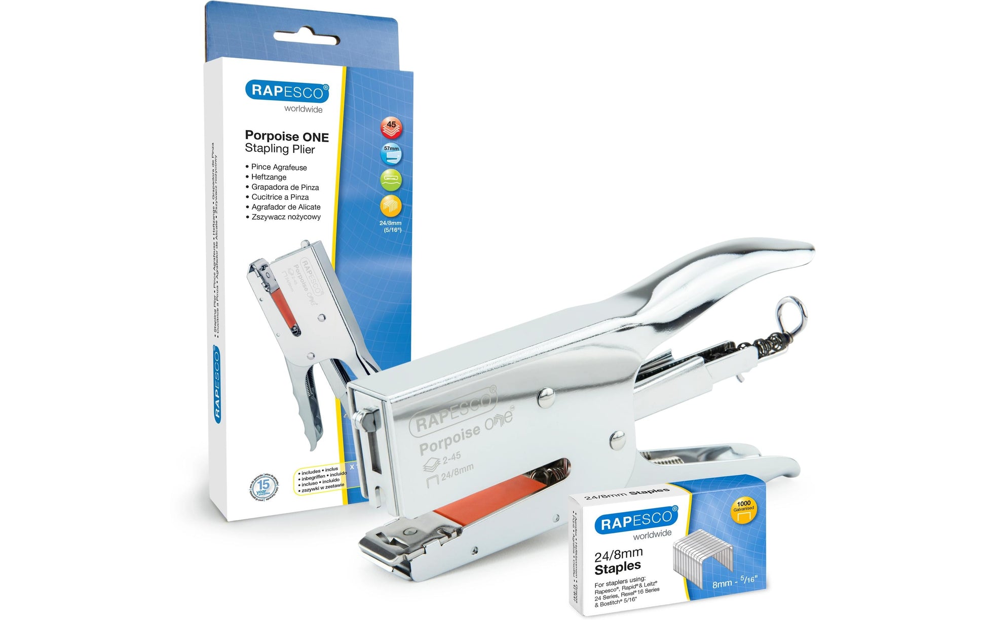 Rapesco Porpoise ONE Bypass Heftzange – 45 Blatt, für 24/8, chrom