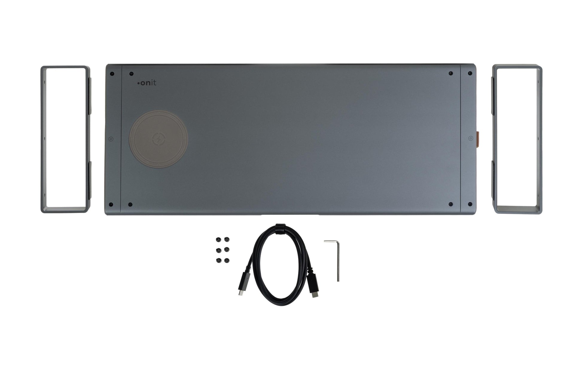 ONIT Charge – Monitorhalterung, Standfuss, bis 49", 20 kg, Qi-Ladepad, Silbergrau