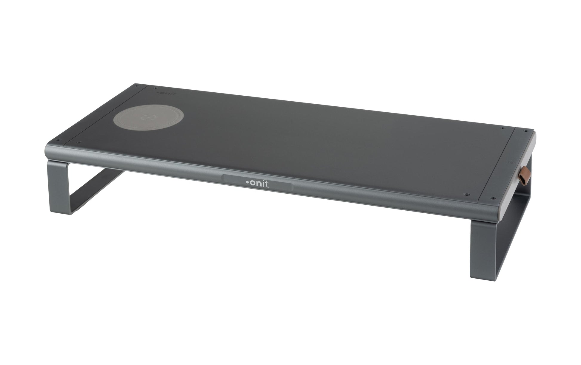 ONIT Charge – Monitorhalterung, Standfuss, bis 49", 20 kg, Qi-Ladepad, Silbergrau