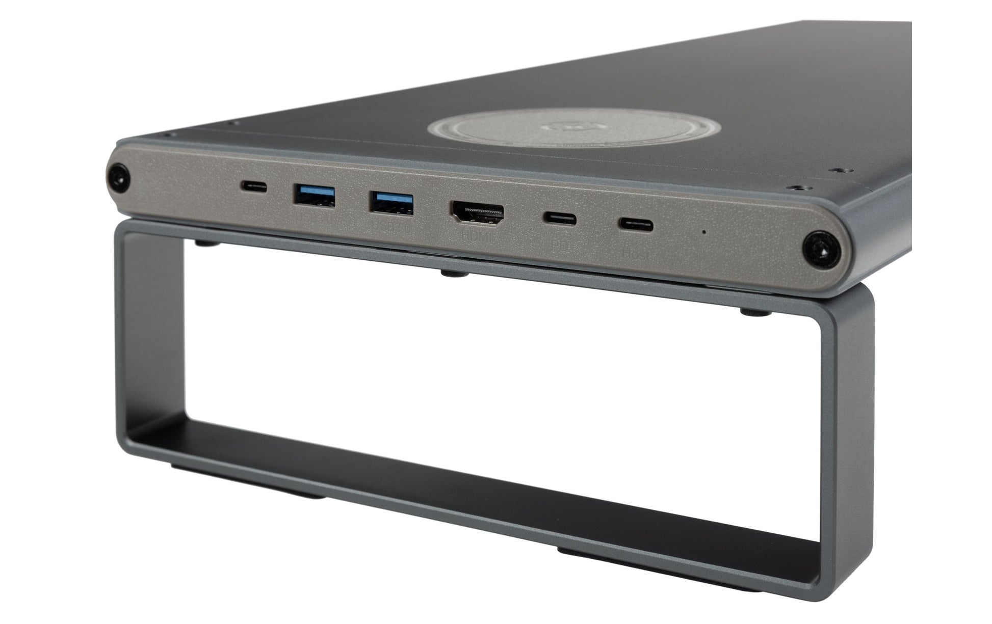 ONIT Charge – Monitorhalterung, Standfuss, bis 49", 20 kg, Qi-Ladepad, Silbergrau