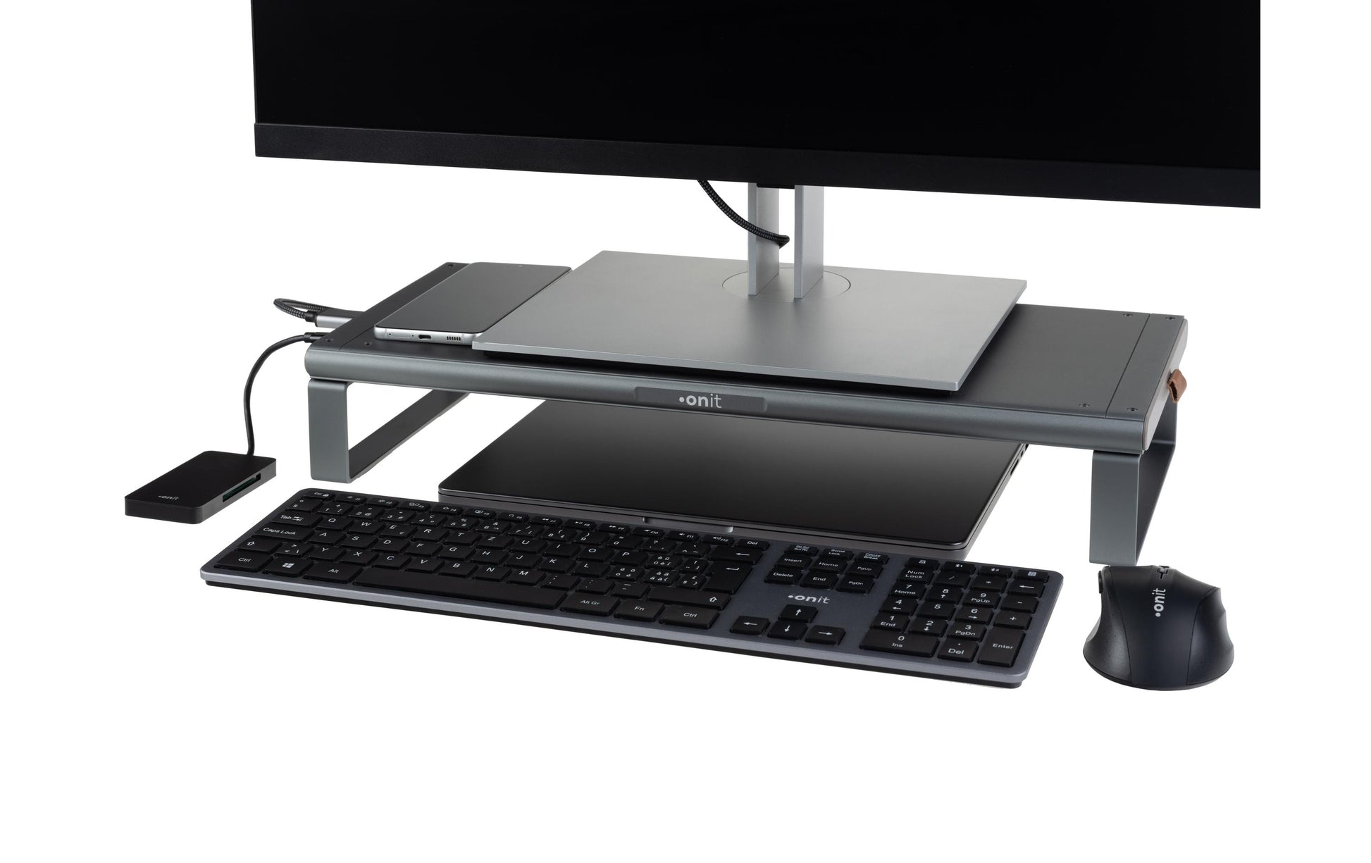 ONIT Charge – Monitorhalterung, Standfuss, bis 49", 20 kg, Qi-Ladepad, Silbergrau