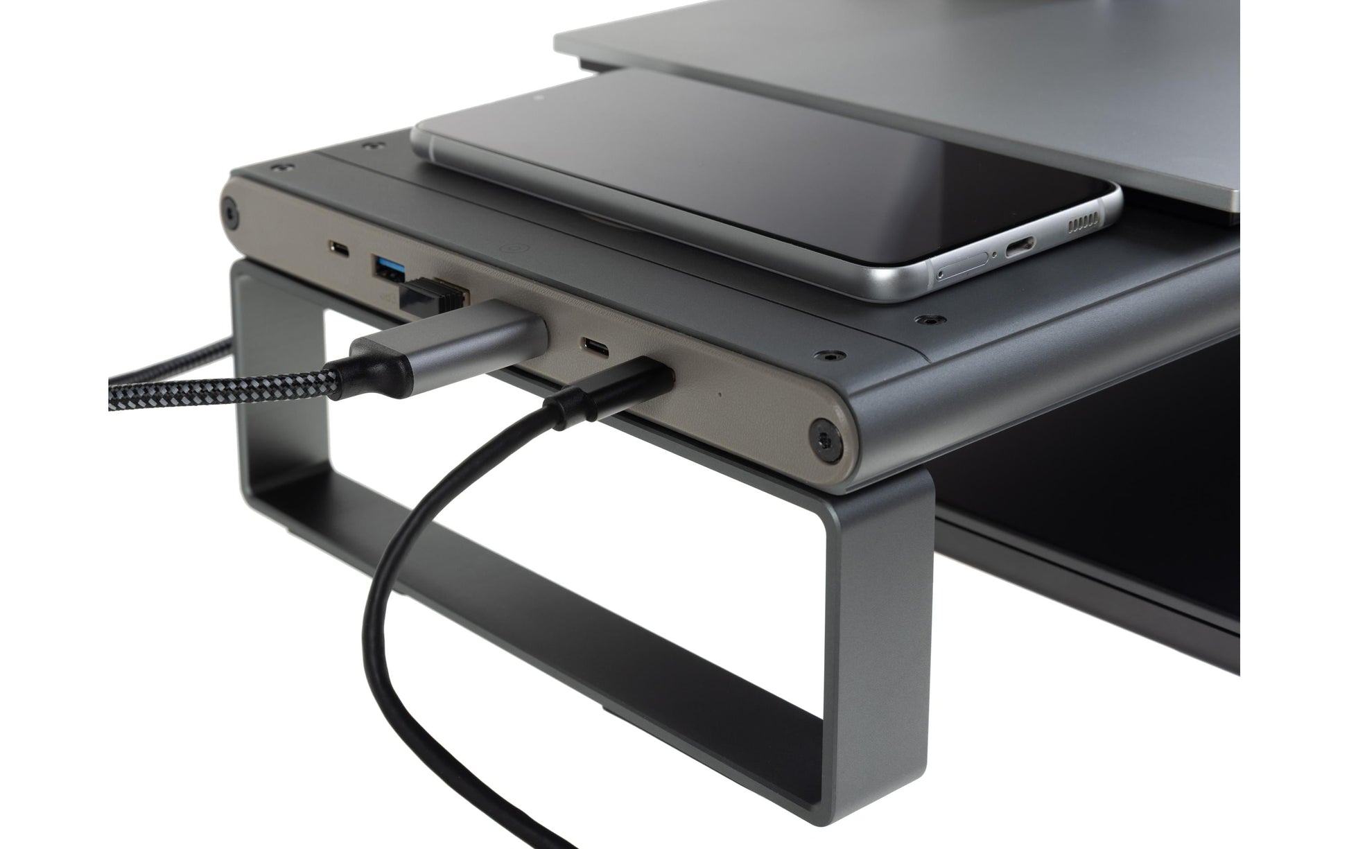 ONIT Charge – Monitorhalterung, Standfuss, bis 49", 20 kg, Qi-Ladepad, Silbergrau