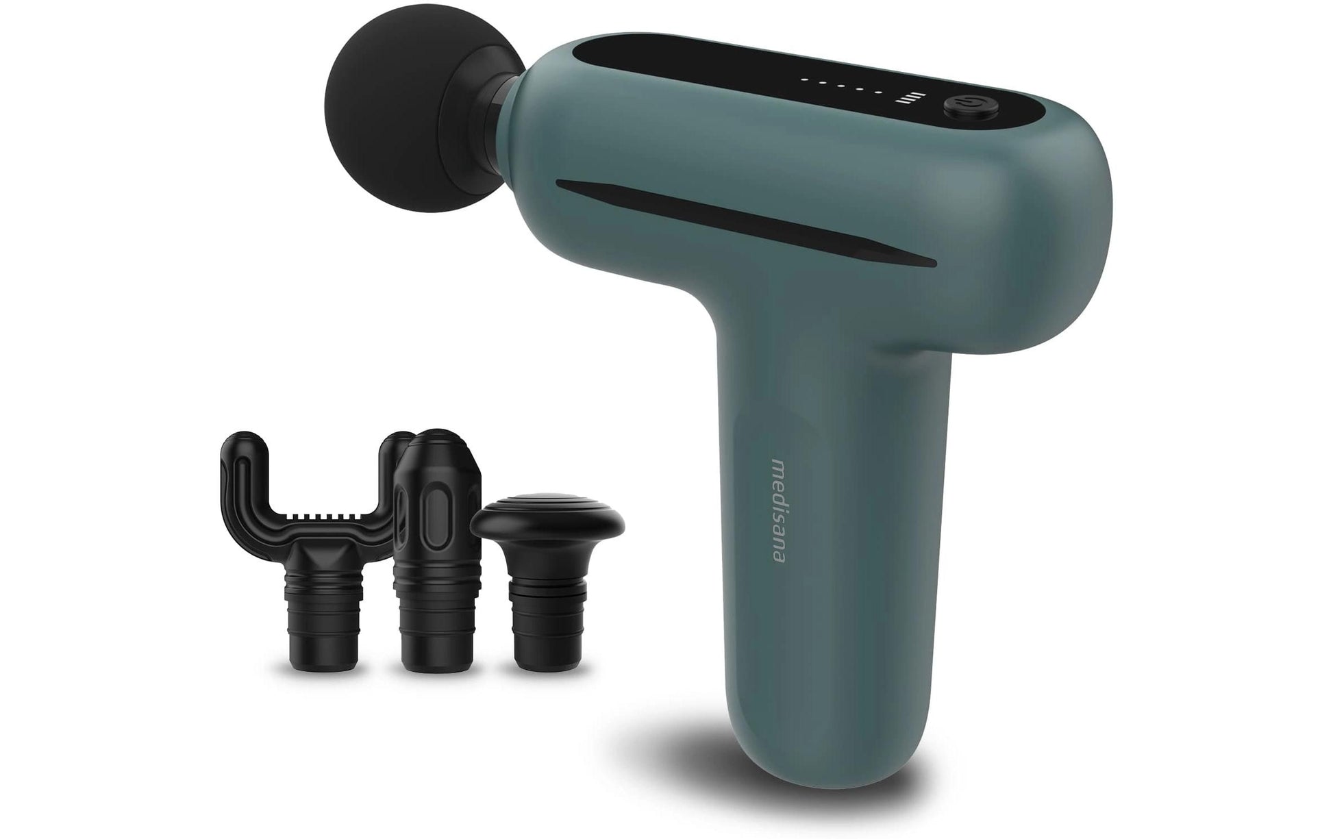 Medisana Massagepistole – schwarz, grau, 147 × 50 × 126 mm, 370 g, Akku, USB-Ladefunktion, 4 Köpfe, 5 Stufen