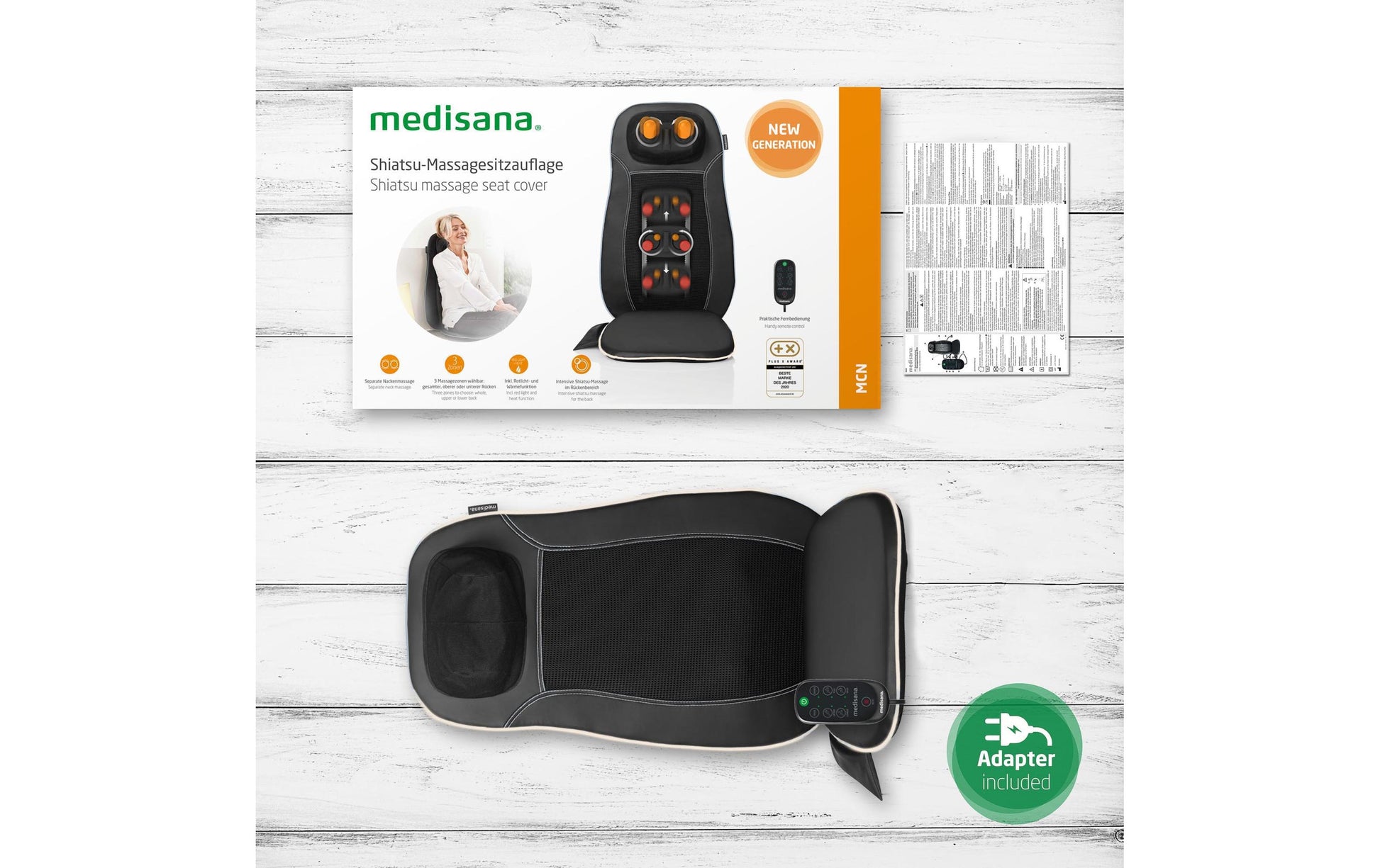 Medisana Massagesitzauflage – schwarz, 400 × 1180 × 90 mm (B×H×T), Shiatsu, Wärmefunktion, Fernbedienung