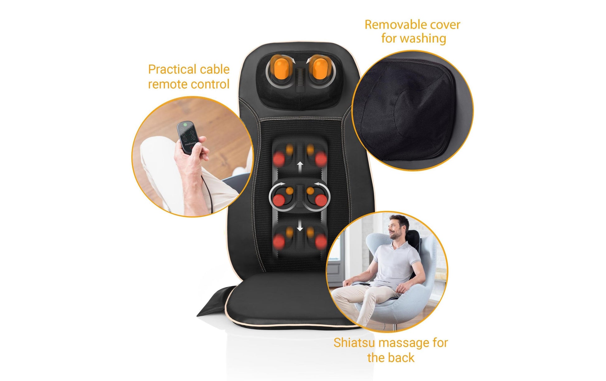 Medisana Massagesitzauflage – schwarz, 400 × 1180 × 90 mm (B×H×T), Shiatsu, Wärmefunktion, Fernbedienung