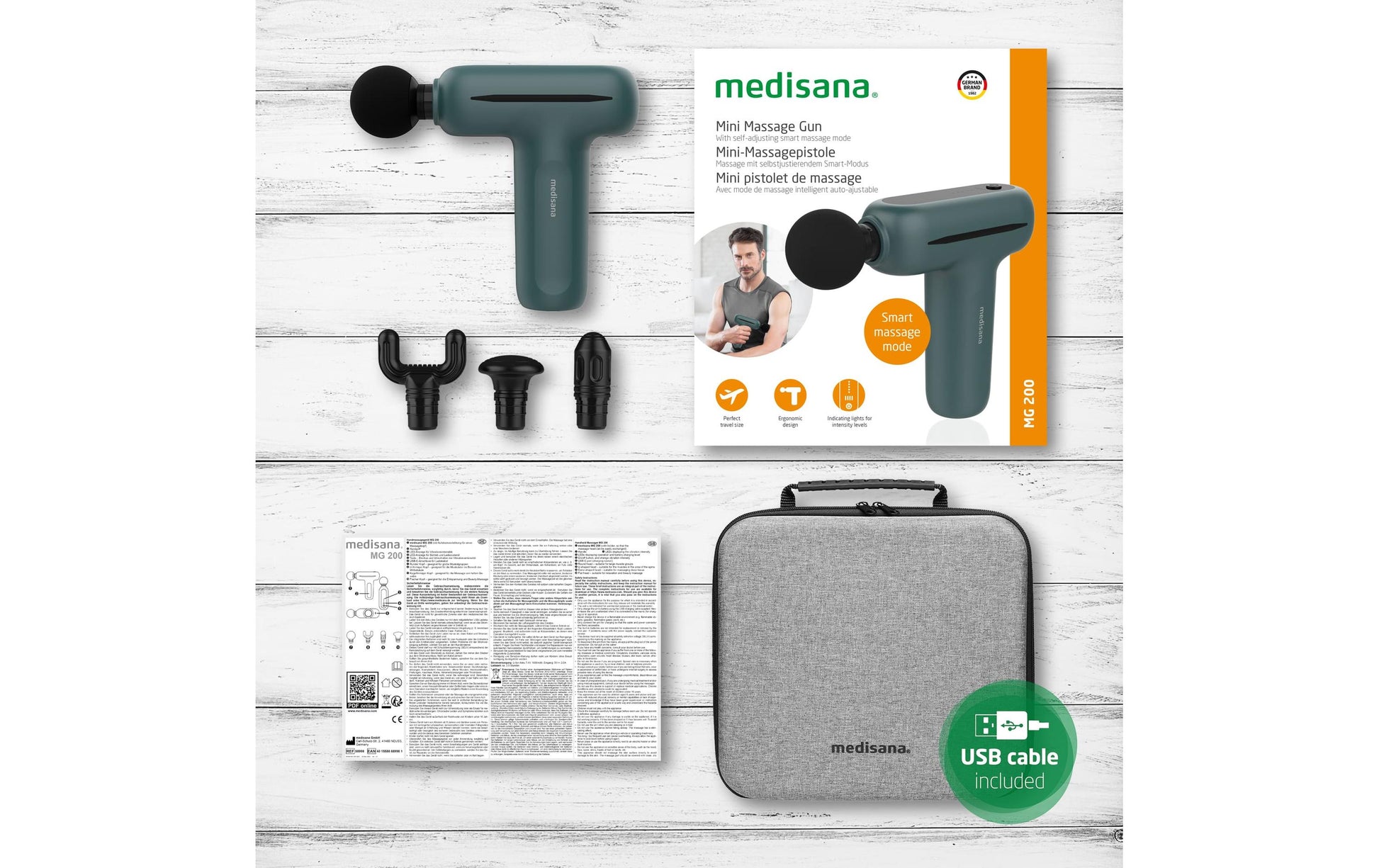 Medisana Massagepistole – schwarz, grau, 147 × 50 × 126 mm, 370 g, Akku, USB-Ladefunktion, 4 Köpfe, 5 Stufen