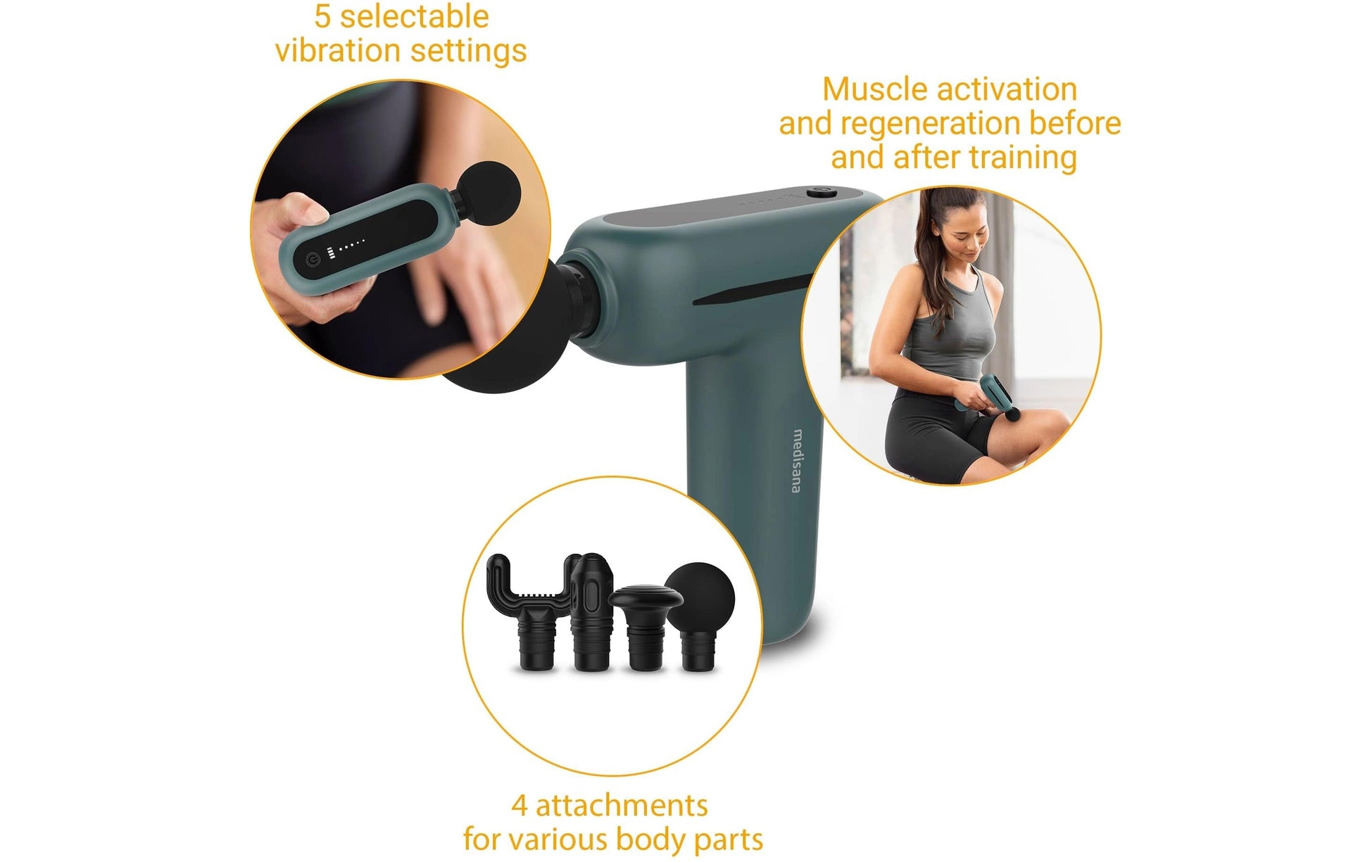 Medisana Massagepistole – schwarz, grau, 147 × 50 × 126 mm, 370 g, Akku, USB-Ladefunktion, 4 Köpfe, 5 Stufen