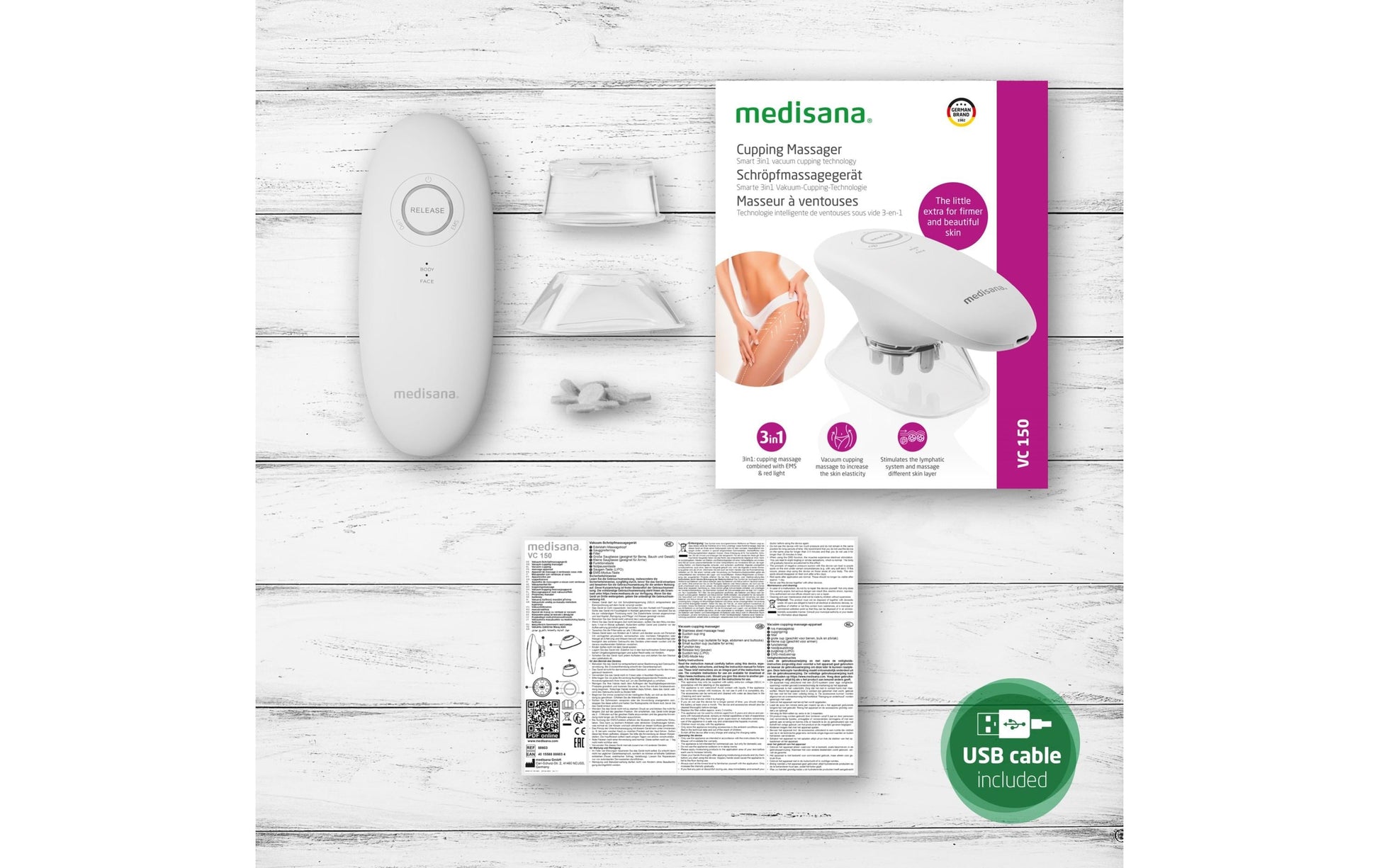 Medisana Schröpfmassagegerät VC150 – weiss, 60 × 69 × 153 mm, 230 g, EMS, Rotlicht, Vakuum, Akku, USB-Ladung