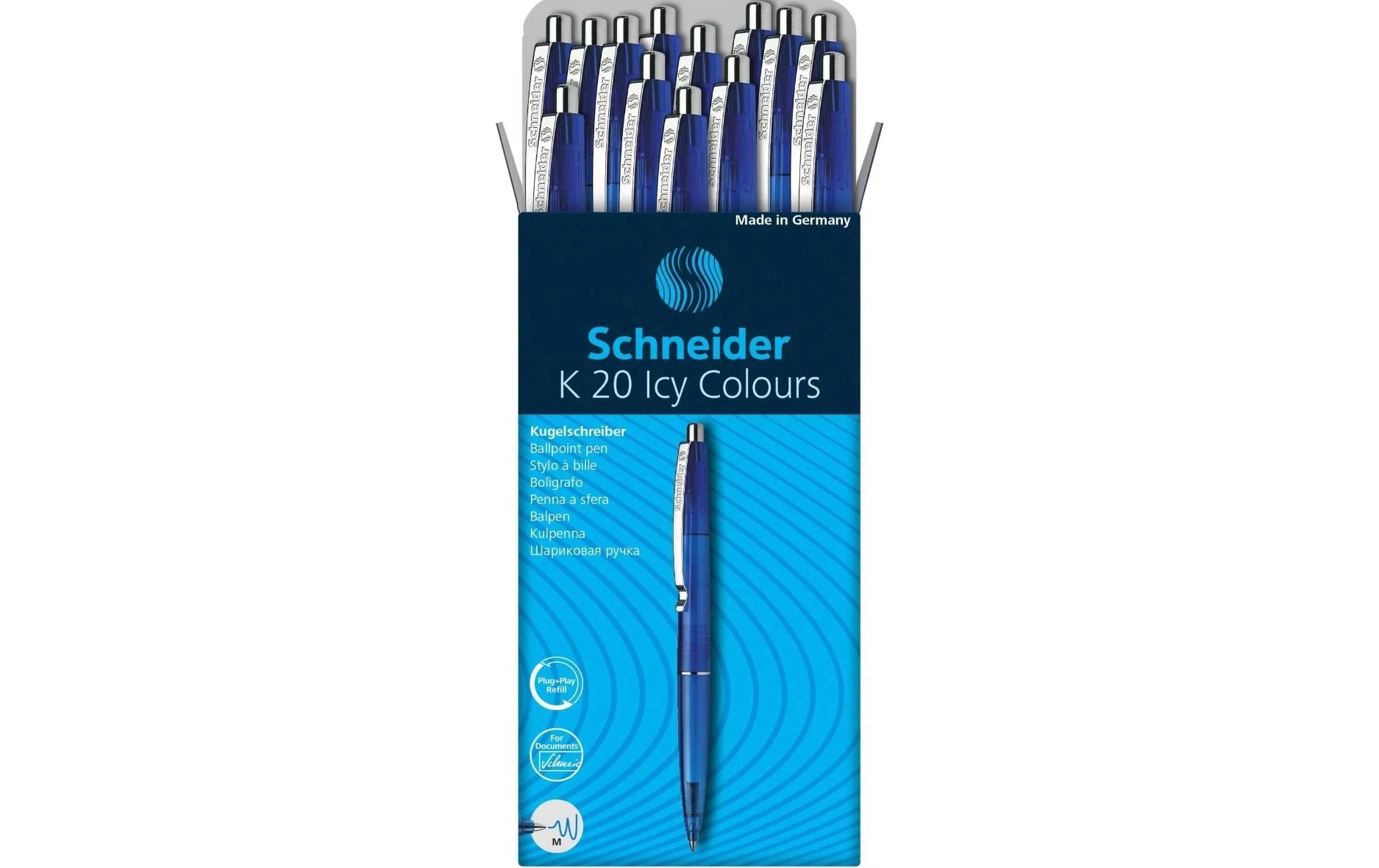 Schneider AG Schneider K20 ICY Kugelschreiber – 20er Pack, Blau, Medium, Druck, dokumentenecht, nachfüllbar