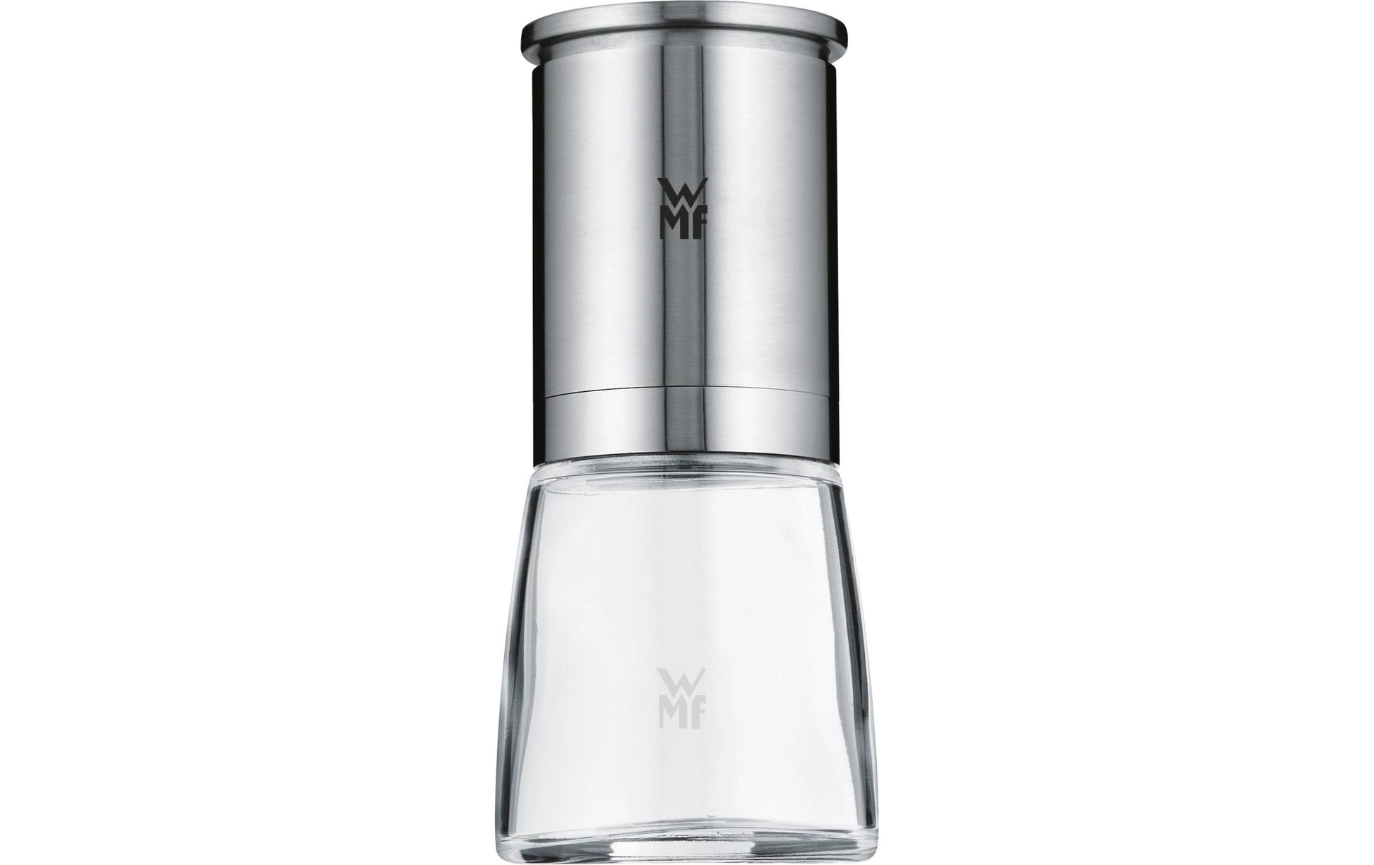 WMF Gewürzmühle De Luxe – einstellbarer Mahlgrad, Keramikmahlwerk – Edelstahl & Glas, Silber – 14 cm