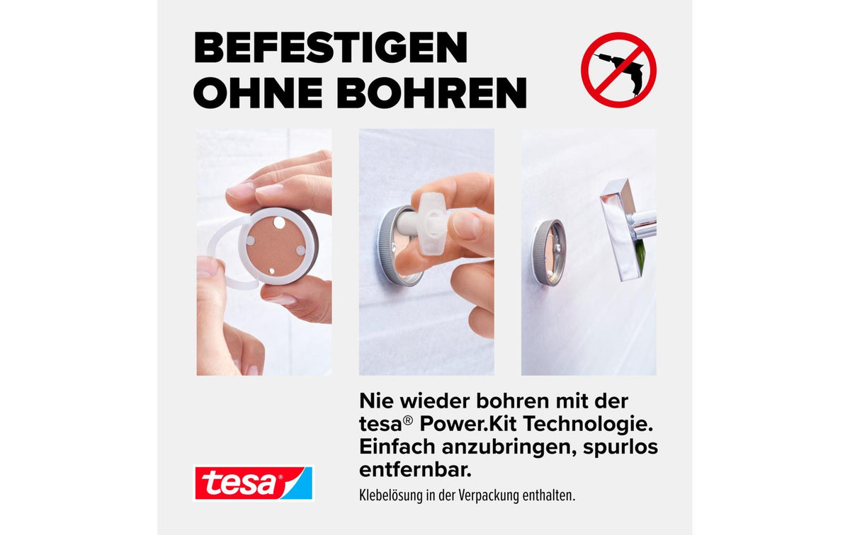 TESA EKKRO – Toilettenpapierhalter – Metall chrom, klebend, wandmontiert, 13,5 × 8,5 × 15,5 cm