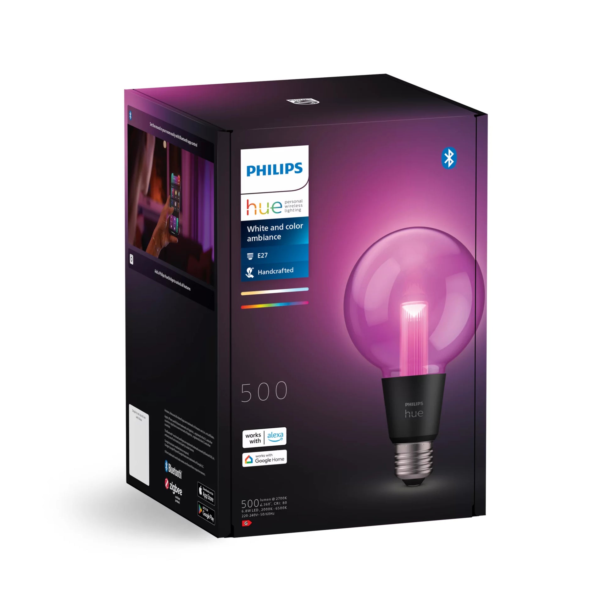 Philips by Signify Philips Hue Smart-Leuchtmittel E27 G95 – 500 lm, 2000–6500 K/mehrfarbig, App, dimmbar