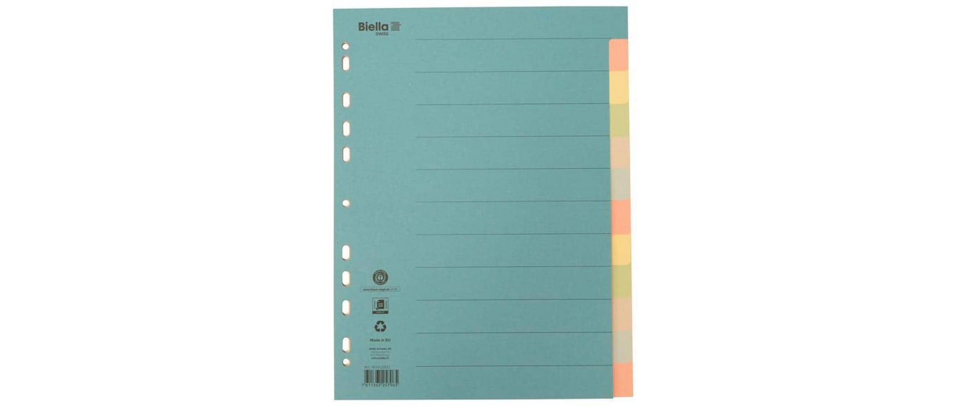Biella Register – A4, 12-teilig, Karton, farbig, unbedruckt, mit Indexblatt, 11-fach Lochung