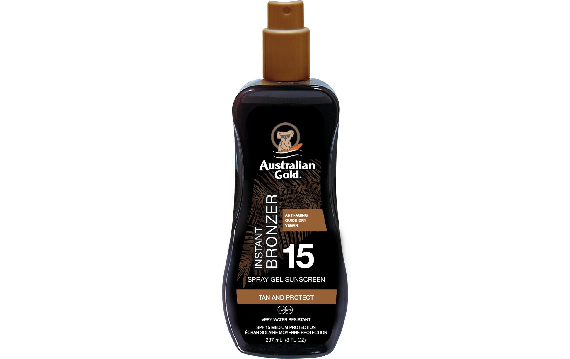 Australian Gold Sonnencreme SPF 15 – Spraygel, mit Bronzer, wasserfest – 237 ml