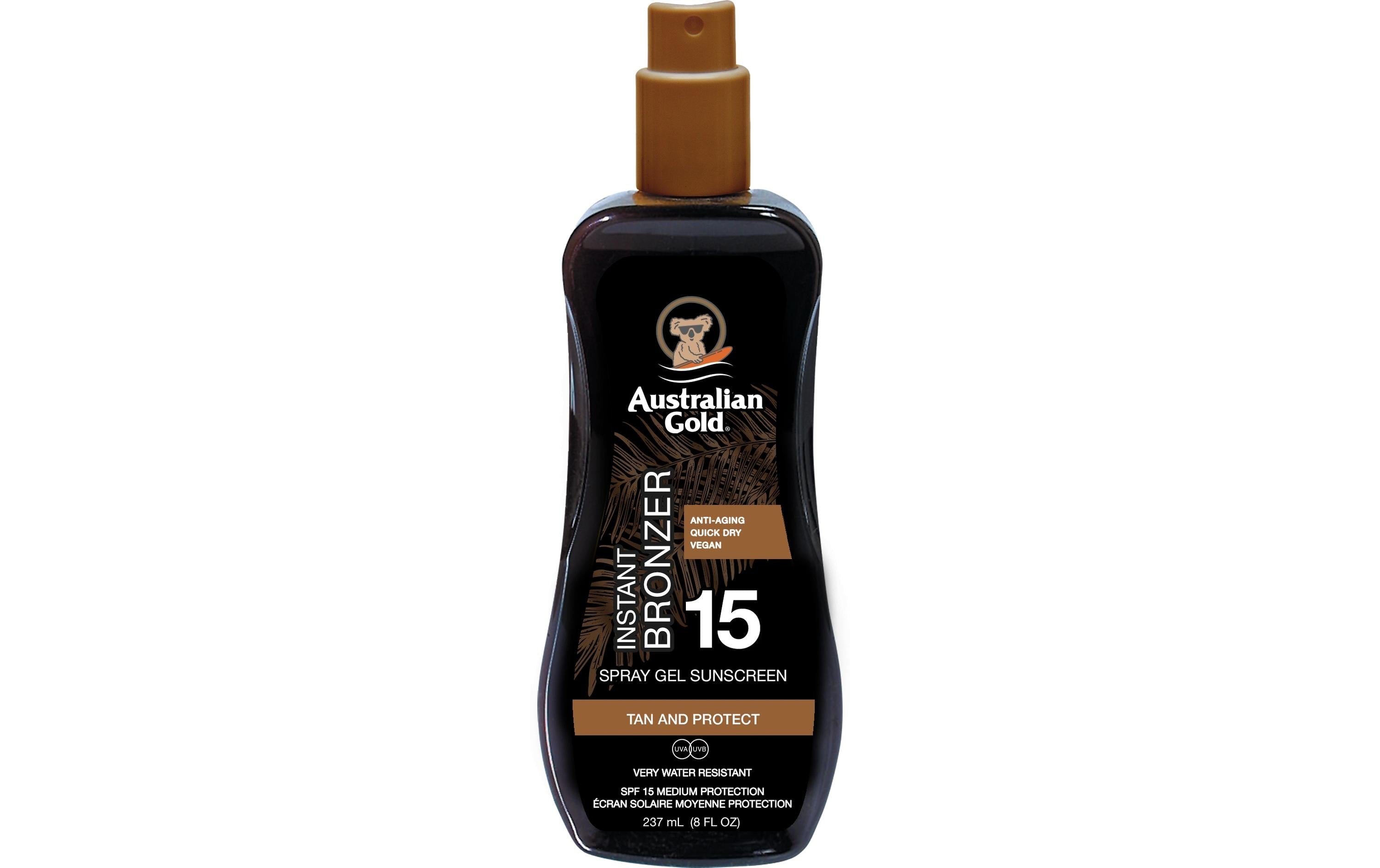 Australian Gold Sonnencreme SPF 15 – Spraygel, mit Bronzer, wasserfest – 237 ml
