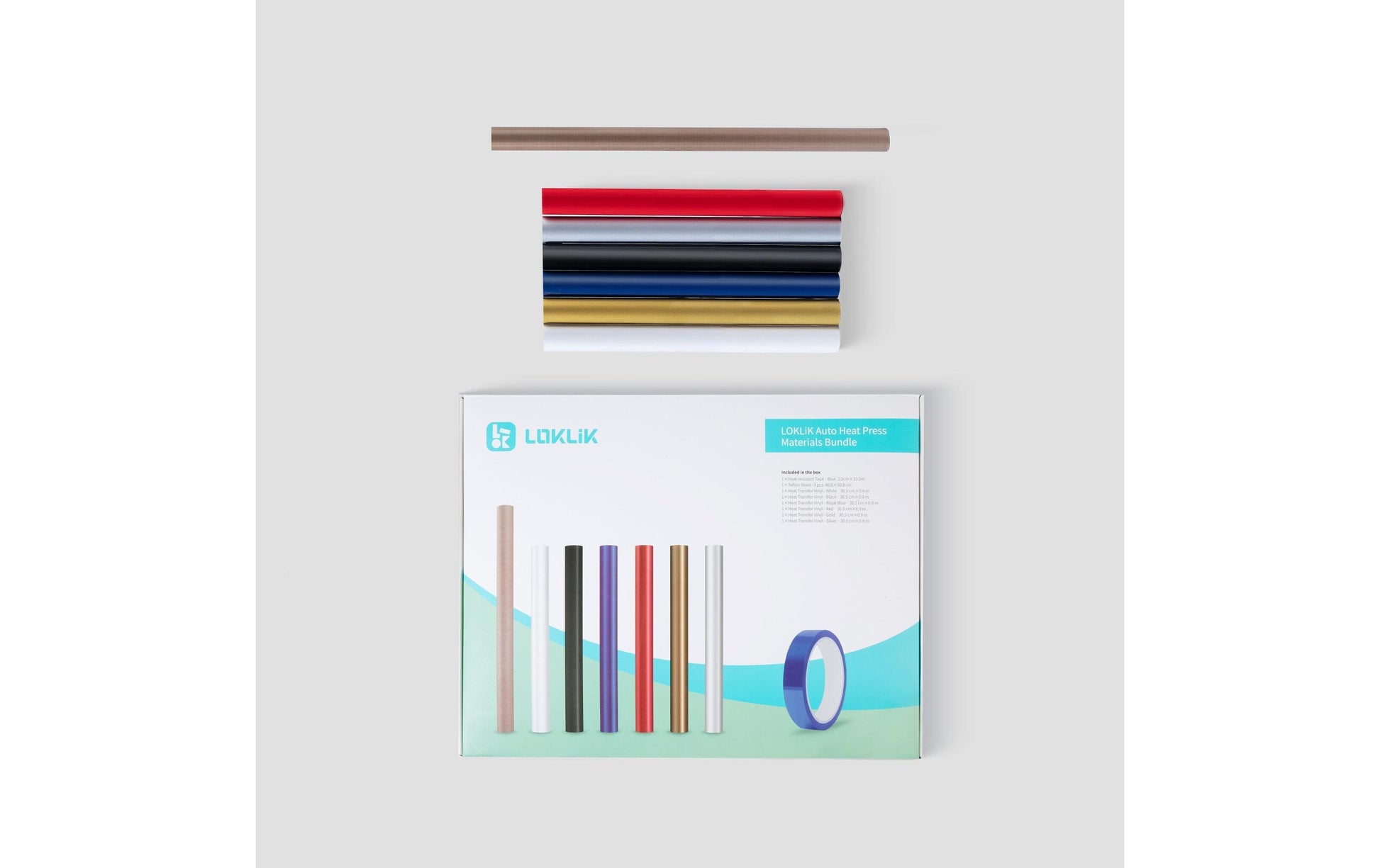 LOKLiK Aufbügelfolien-Set (Vinyl) – 9 Rollen 16,5 × 23,5 cm – Blau, Silber Metallic – für Schneideplotter