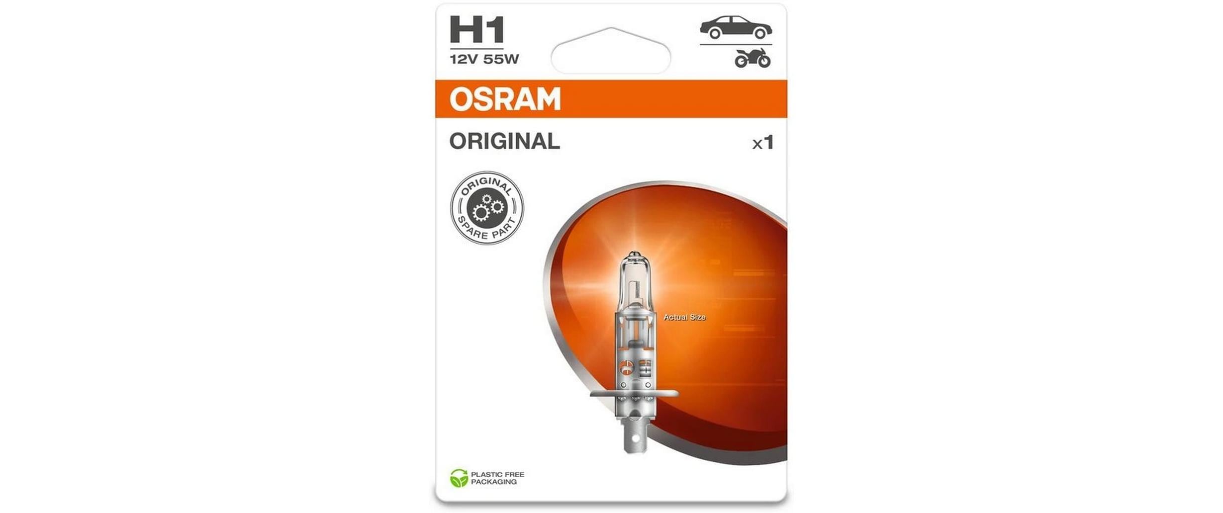 Osram Leuchtmittel H1 – 55 W, Halogen, P14.5s, 6,3 cm, für Motorrad/PKW – warmweiss