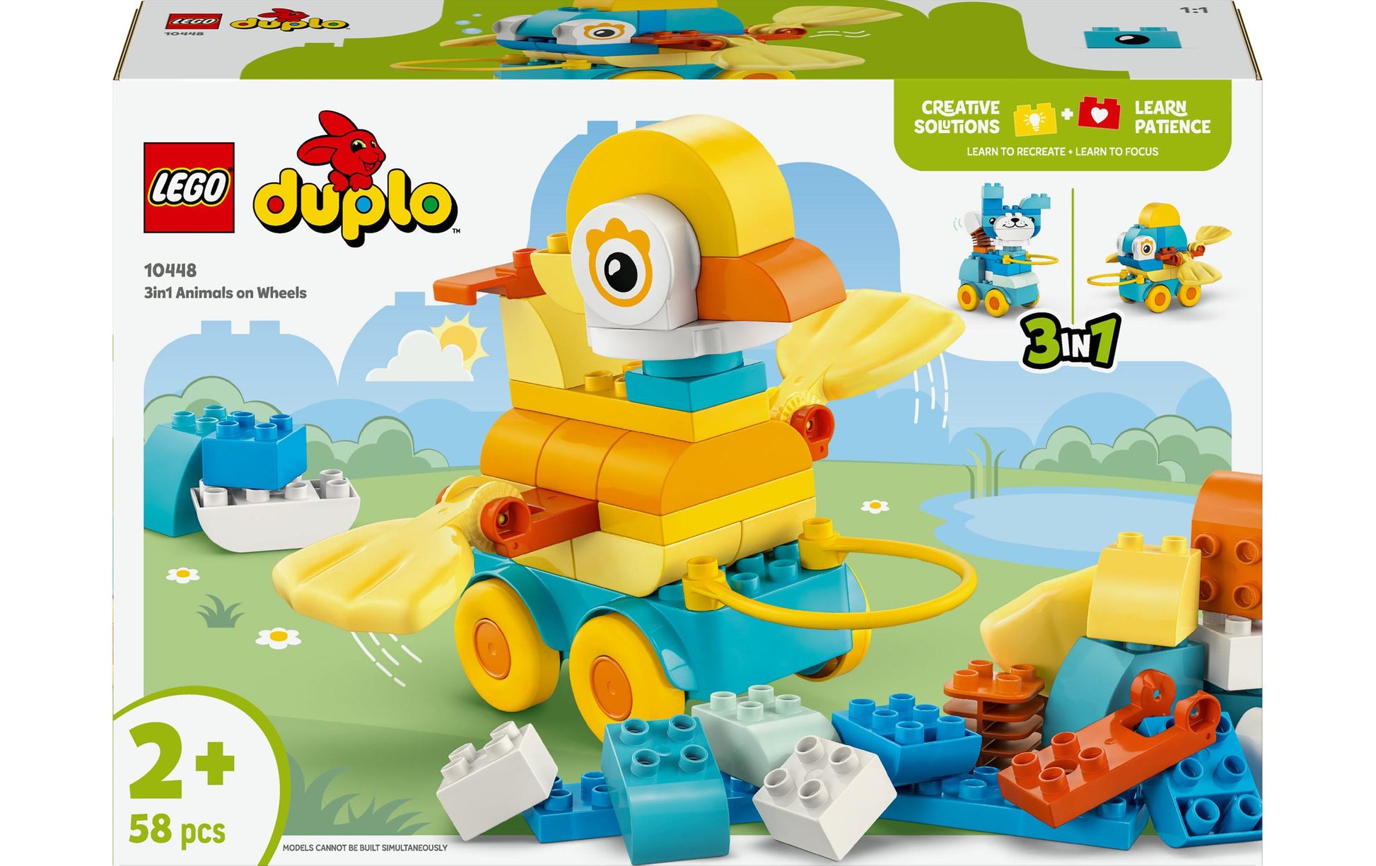 LEGO DUPLO 3-in-1-Set Tiere auf Rädern – 58-teilig – 26,2 × 9,4 × 38,2 cm – ab 2 Jahren