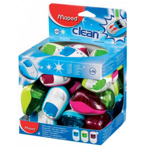 Maped Spitzer – 2-Loch, mit Behälter, Kunststoff, transparent, assortiert, Clean, 24er-Pack