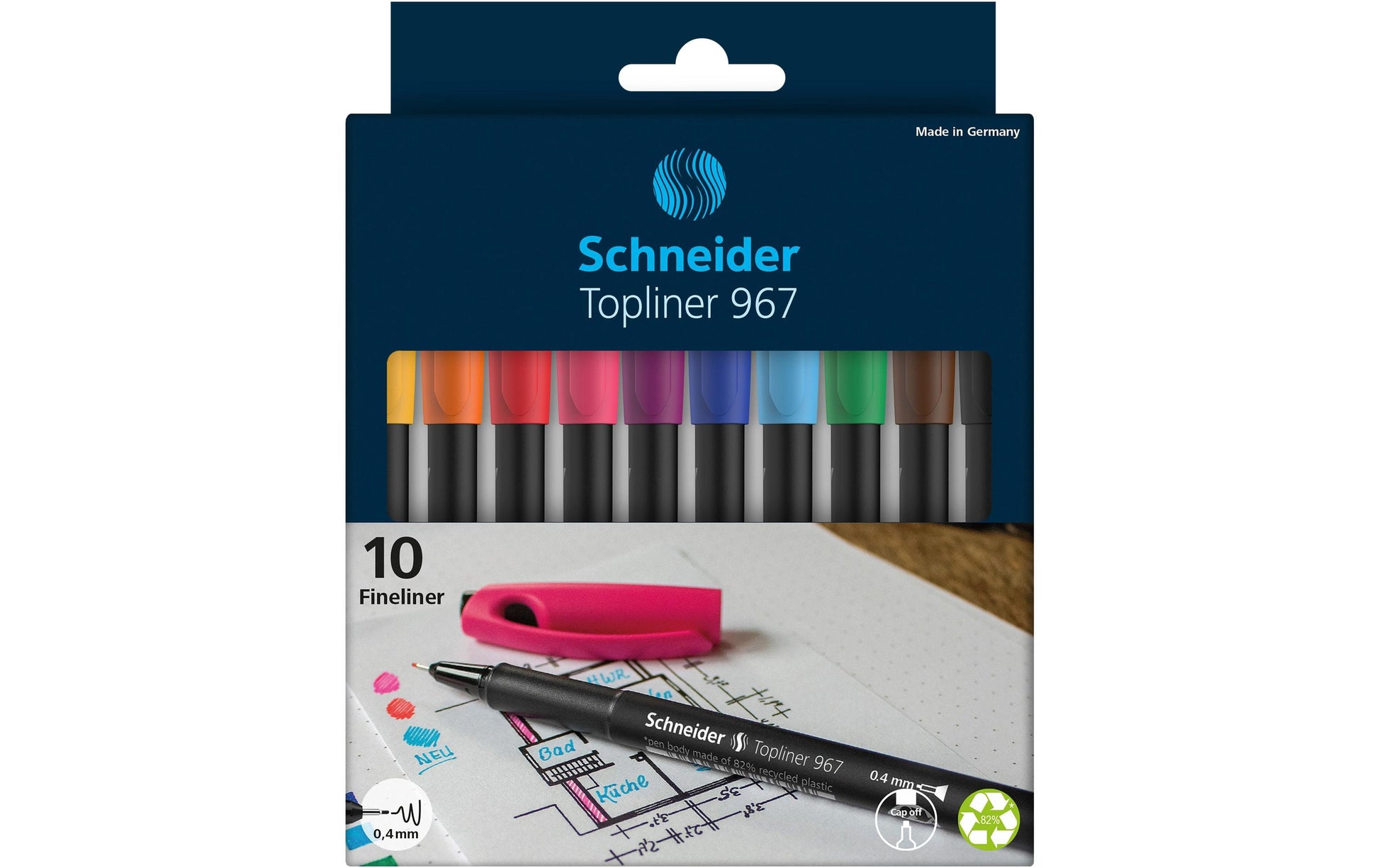 Schneider Schreibgeräte Schneider Topliner 967 Fineliner Set – 10 Stk., 0,4 mm, assortiert, Cap-Off