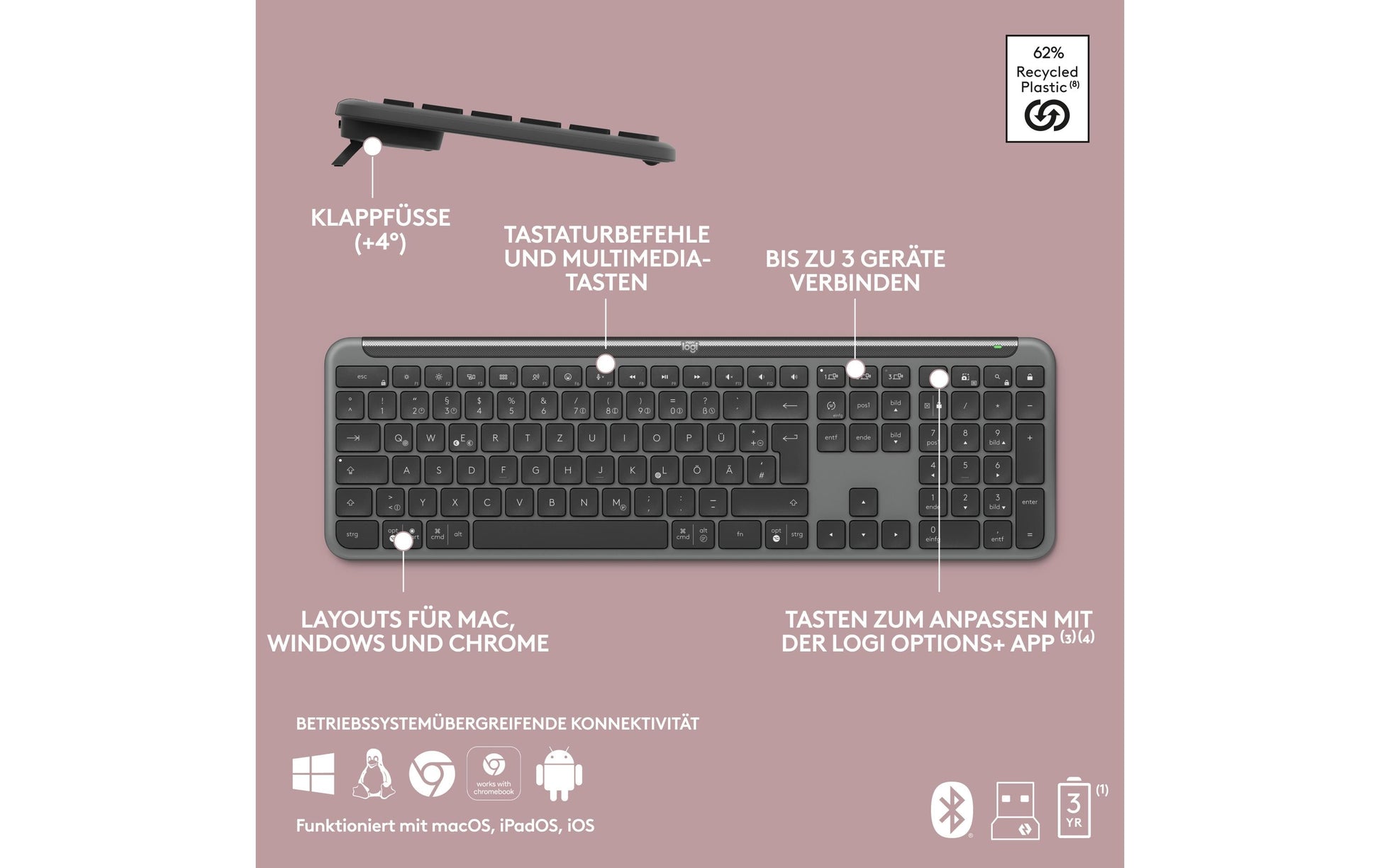 Logitech Signature Slim Wireless K950 – Tastatur, kabellos, CH-Layout (DE-CH), Grau