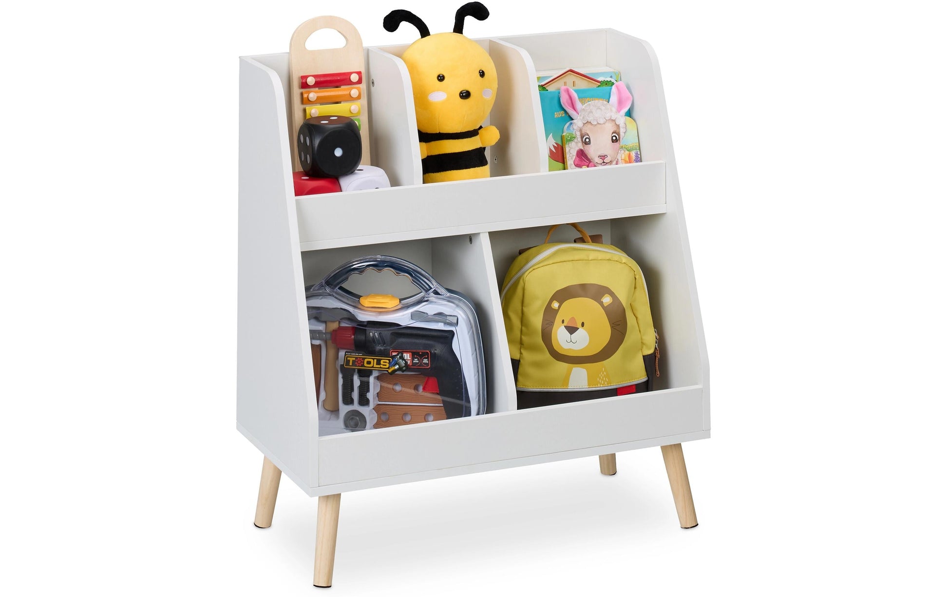 Relaxdays Kinderregal – 5 Böden – 60,0 × 30,0 × 66,0 cm – 25 kg – weiss/hellbraun – Faserplatte, Holz – 1 Stk.