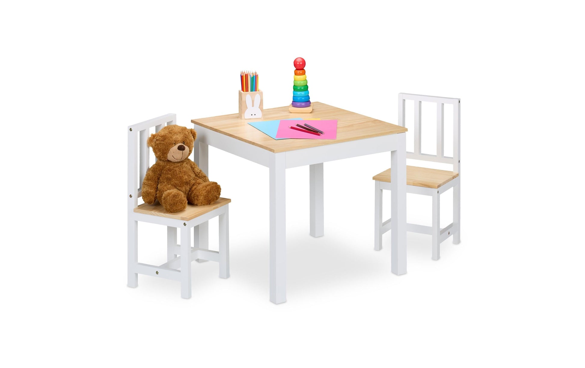 Relaxdays Kinderstuhl – 57 × 57 × 51,5 cm, quadratisch – MDF & Kiefernholz – natur/weiss – mit 2 Stühlen