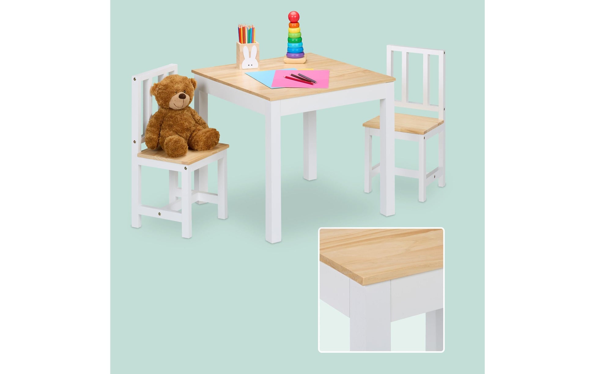 Relaxdays Kinderstuhl – 57 × 57 × 51,5 cm, quadratisch – MDF & Kiefernholz – natur/weiss – mit 2 Stühlen