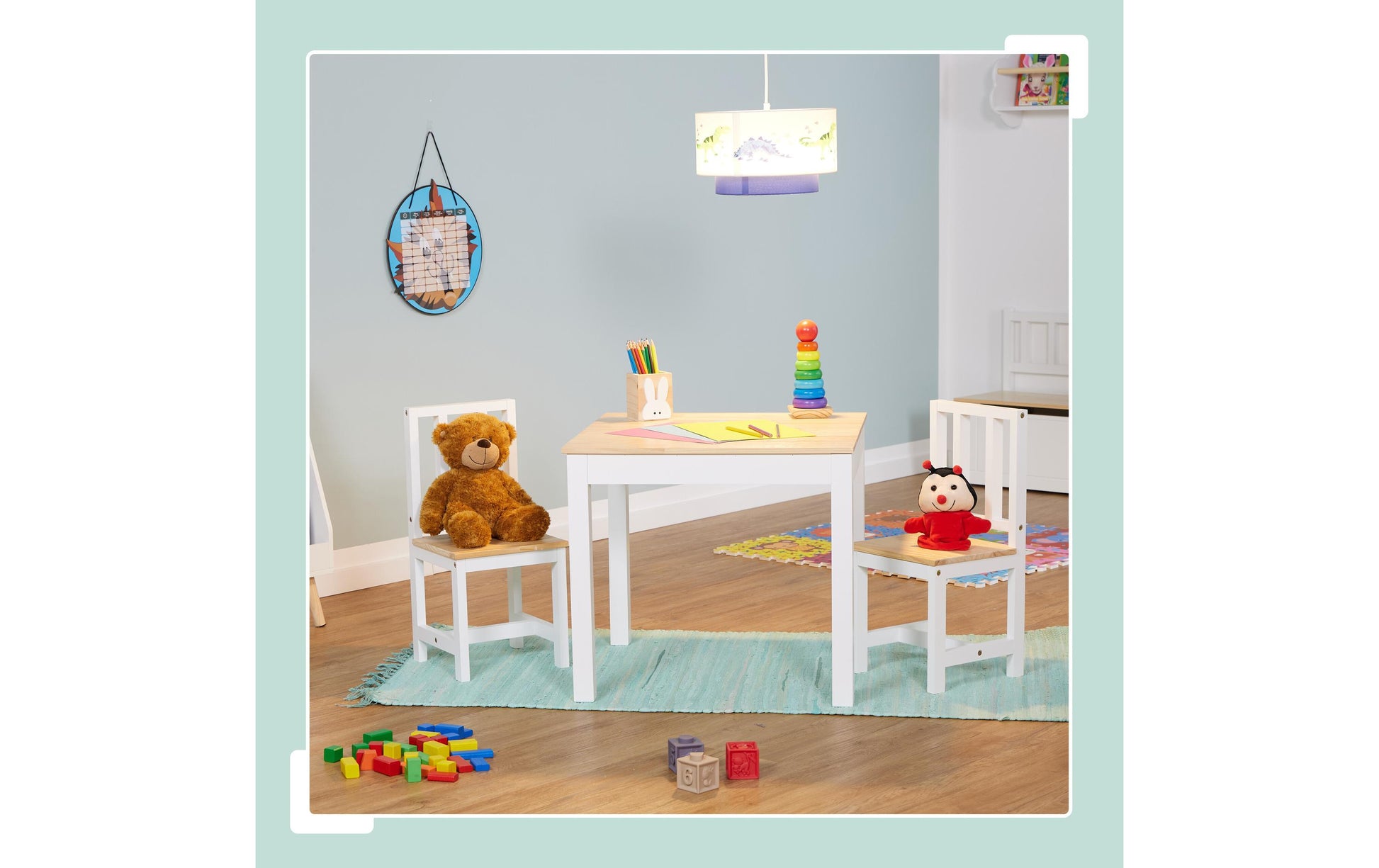 Relaxdays Kinderstuhl – 57 × 57 × 51,5 cm, quadratisch – MDF & Kiefernholz – natur/weiss – mit 2 Stühlen
