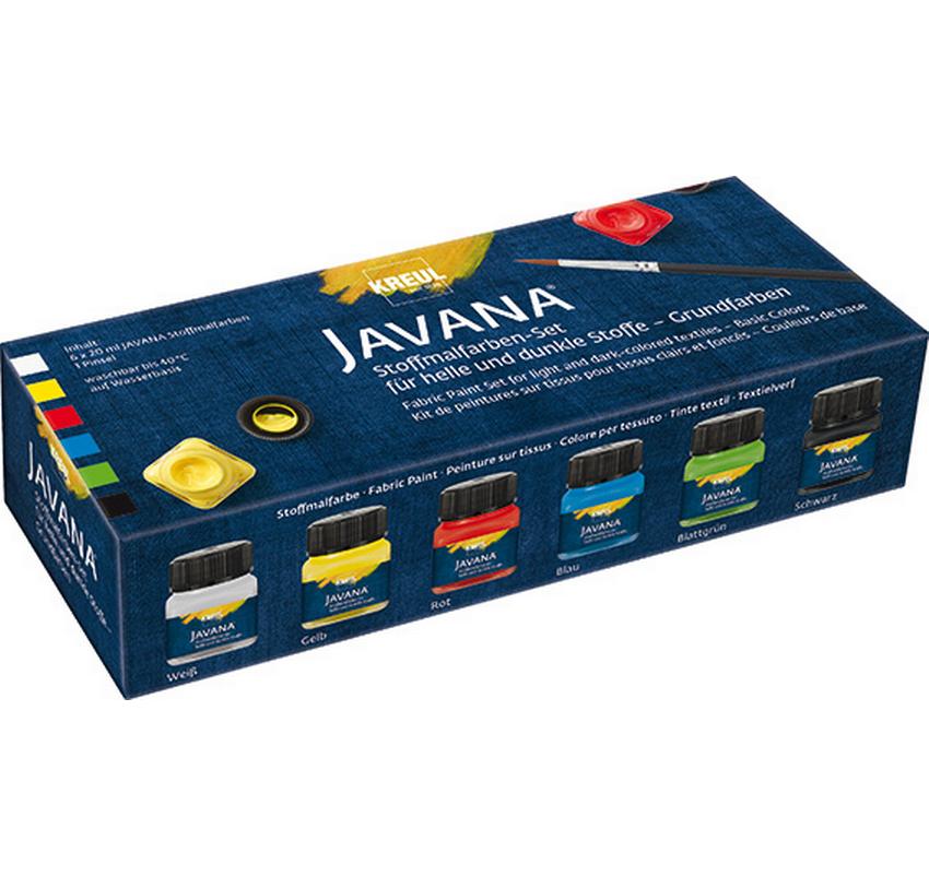 KREUL JAVANA Textilfarbe – Weiss, Gelb, Rot, Blau, Blattgrün, Schwarz – 6×20 ml (120 ml) – für Textilien