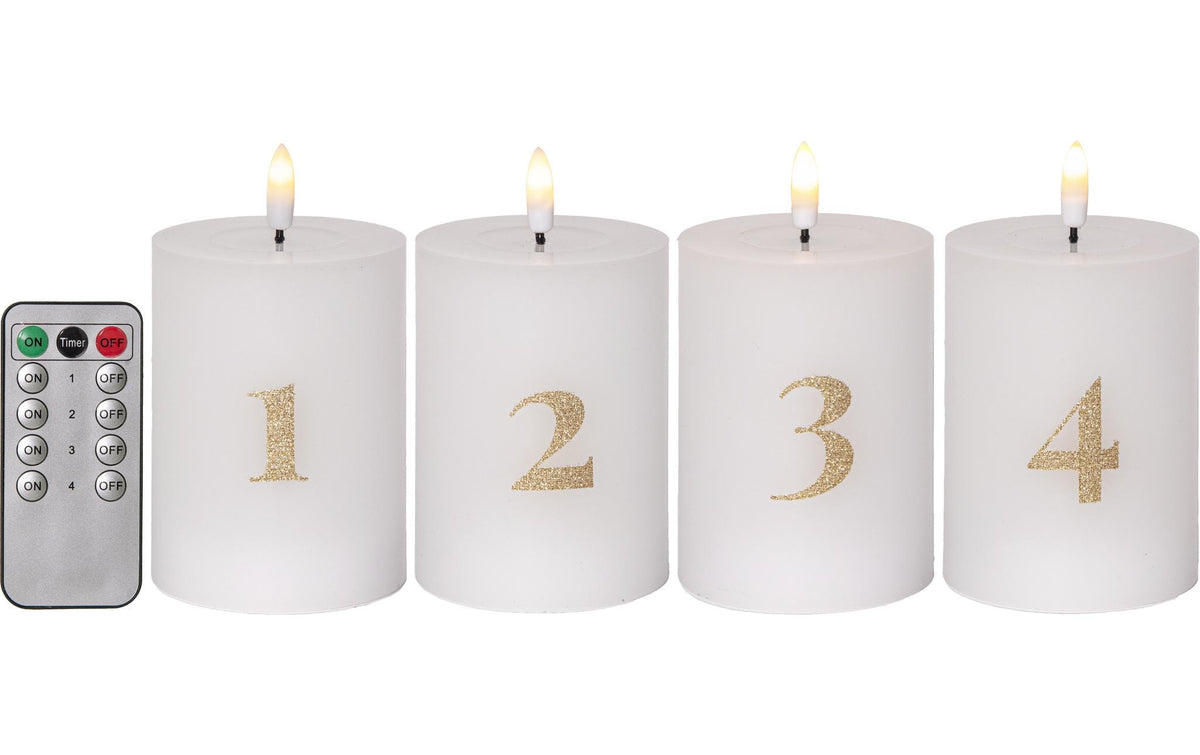 Star Trading LED-Säulenkerze – 4er Set, Ø 7,5 × 12,5 cm, Warmweiss, Timer, Flackernd, Weiss