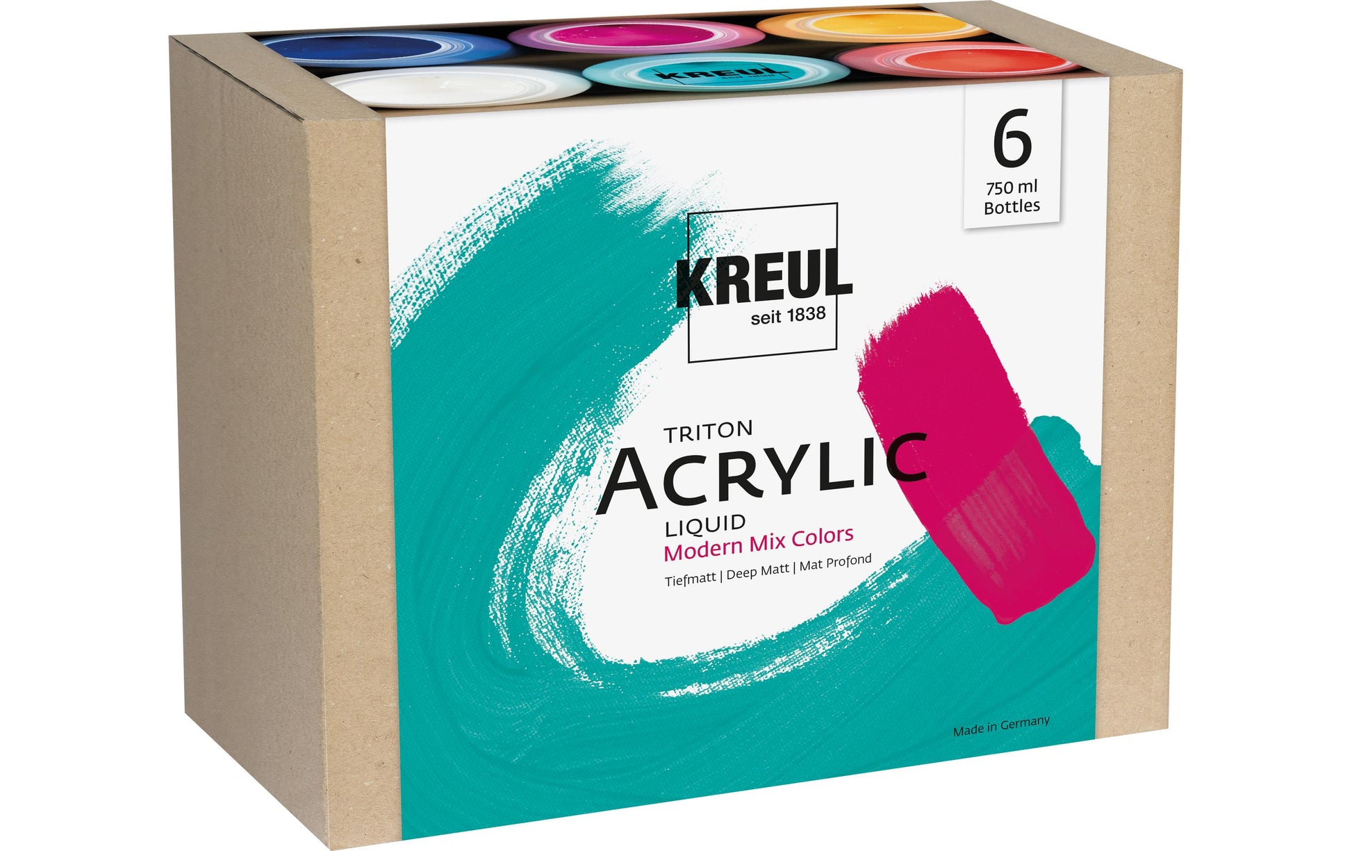KREUL Triton Acrylfarbe – 6 Farben, matt – 6×750 ml (4,5 l) – für Papier, Holz, Metall