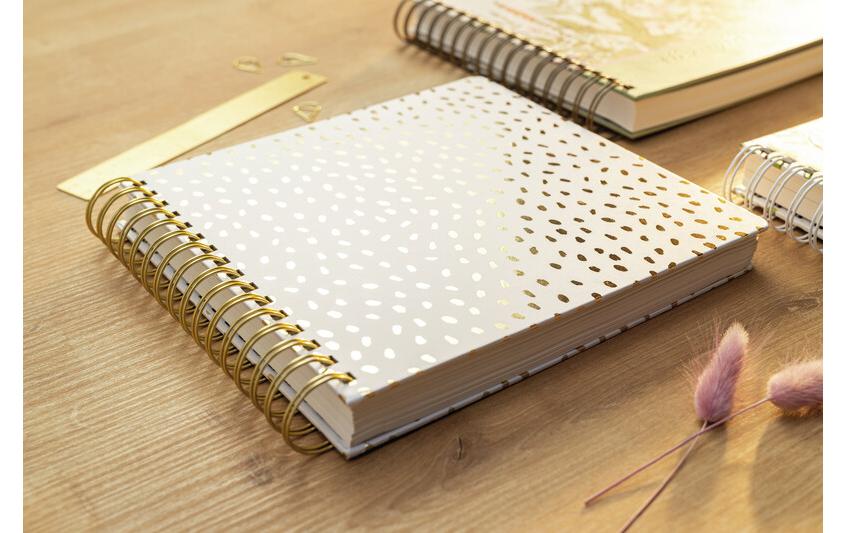 Jolie – Spiral-Notizbuch, 234 × 215 mm, blanko, Spiralbindung, Hardcover, 240 Seiten, 120 g/m² – gold, weiss