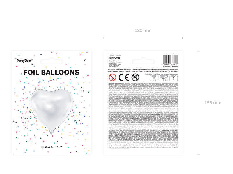 PartyDeco Folienballon Herz – Weiss – Ø 45 cm – Folie – 1 Stk