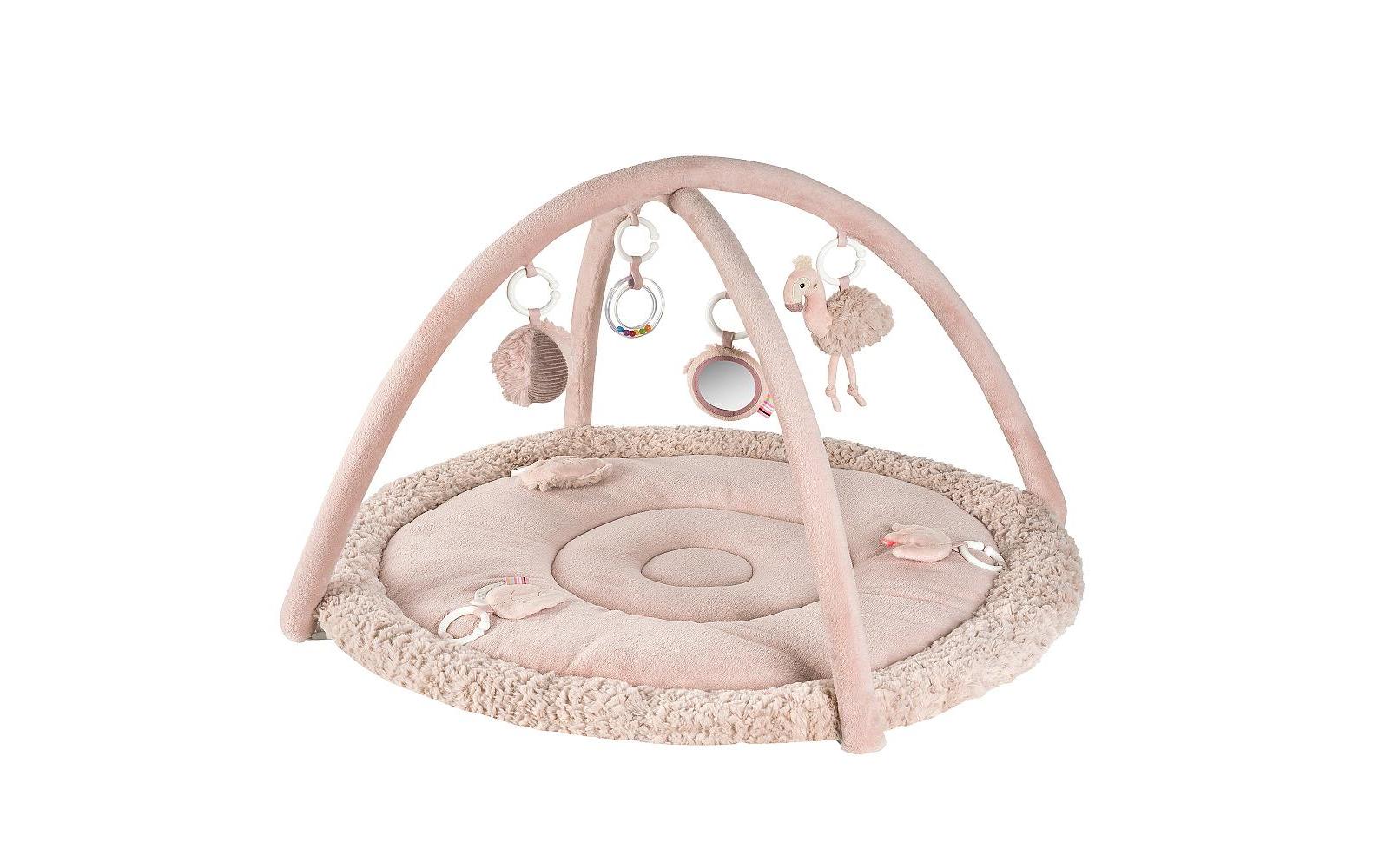 Fehn Krabbeldecke Flamingo – mit Spielbogen, 5 Spielbügel – 92 × 48 cm – ab 0 J. – Plüsch, Polyester – rosa